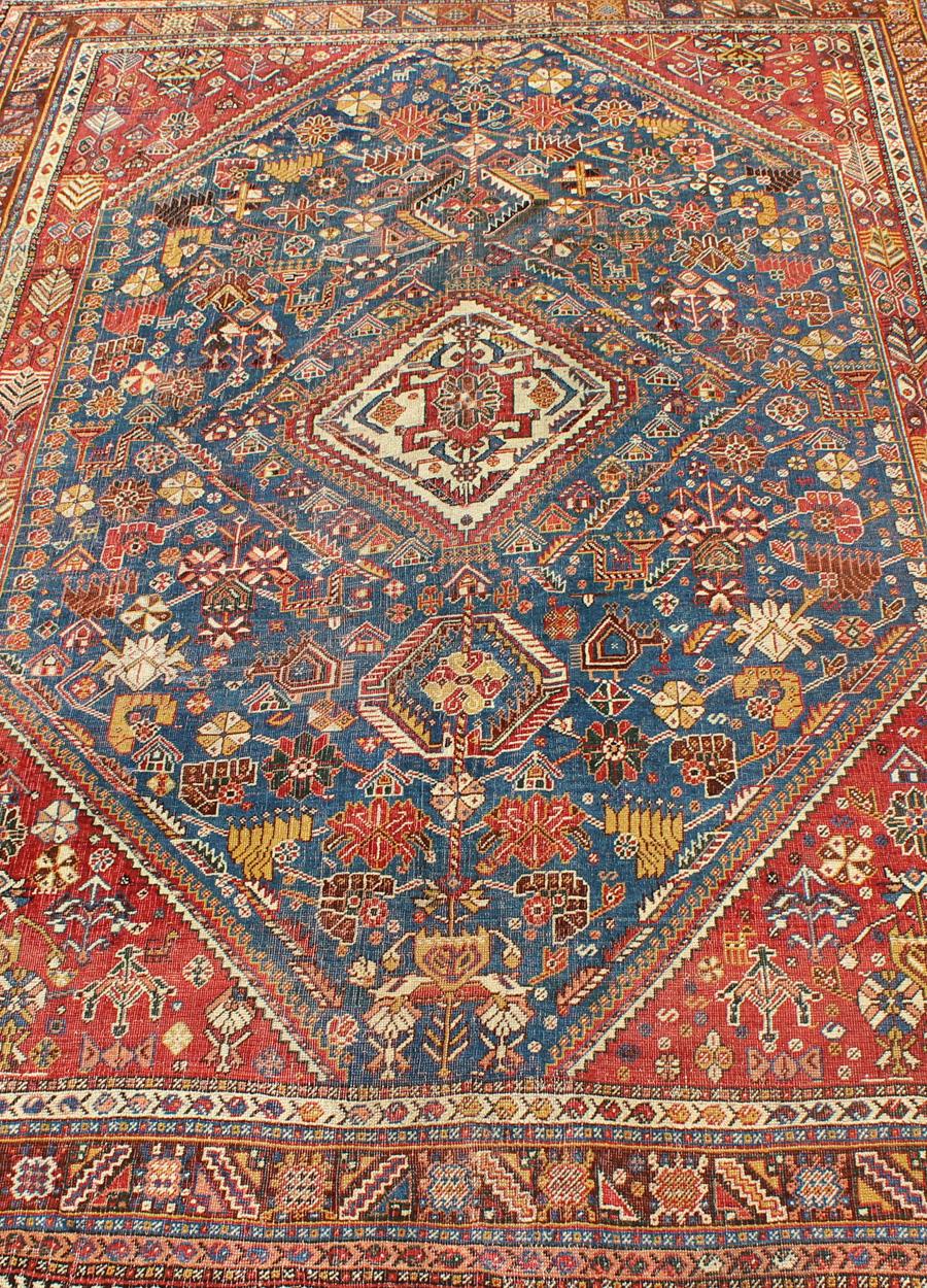 Early 20th Century Antique Persian Qashqai Rug with Medallion Design in Rich Colors, Blue and Red