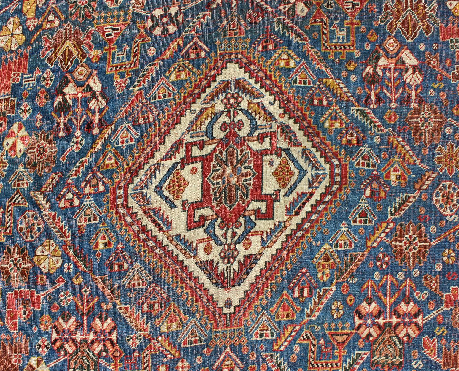 Antique Persian Qashqai Rug with Medallion Design in Rich Colors, Blue and Red 1