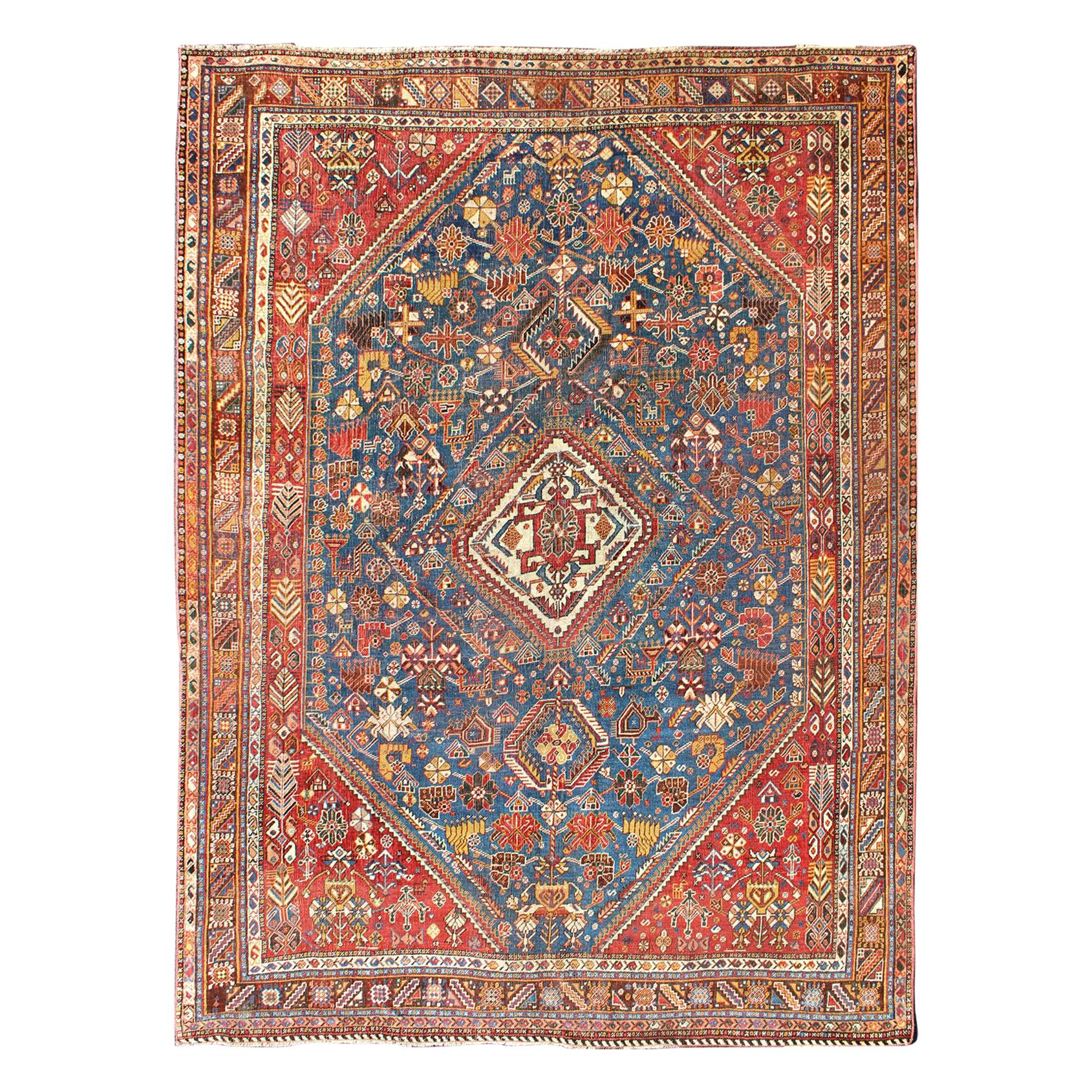 Antique Persian Qashqai Rug with Medallion Design in Rich Colors, Blue and Red