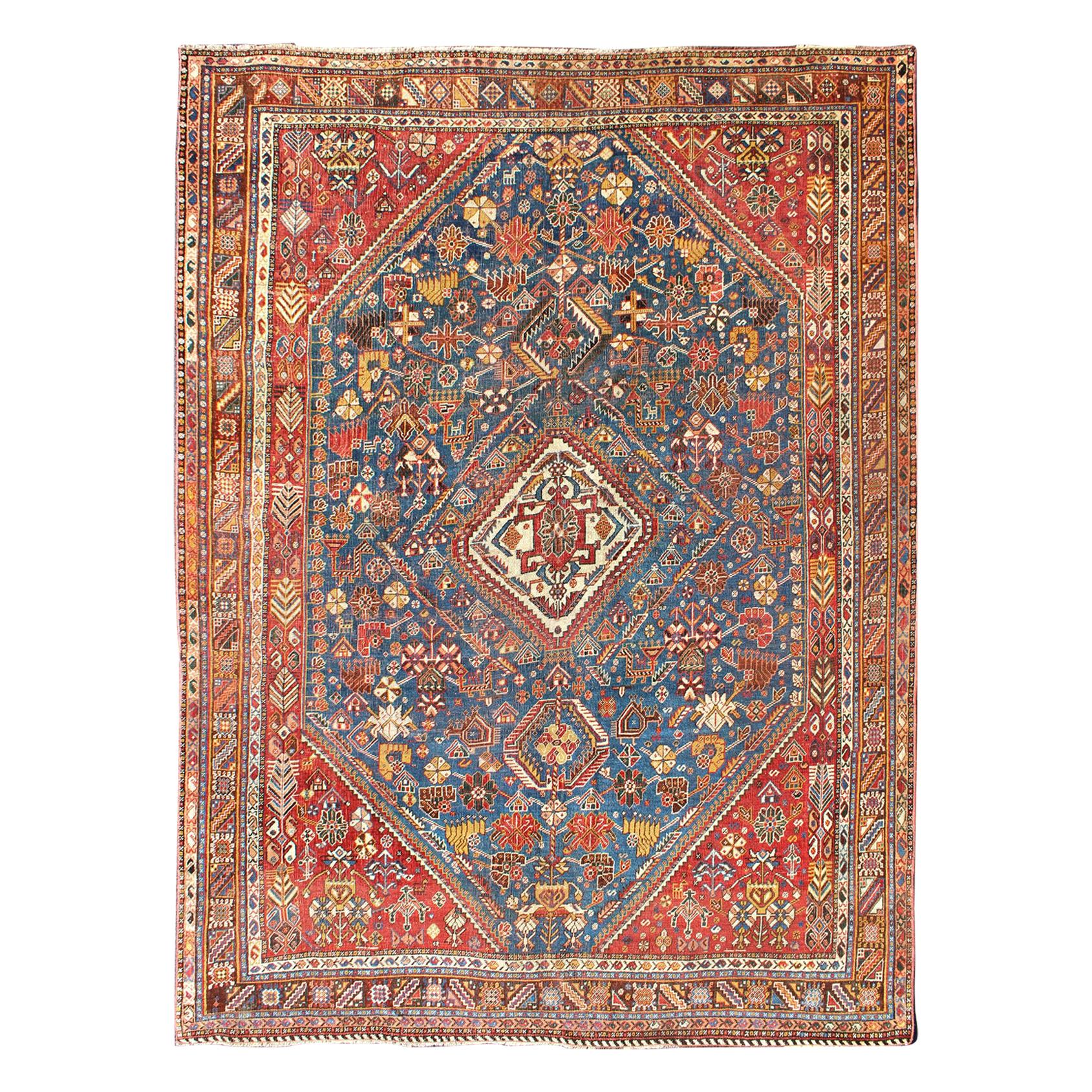 Antique Persian TwoPanel Qashqai Rug with Medallion Design in Orange
