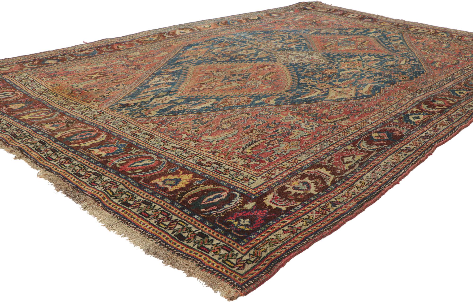21696 Antique Persian Qashqai Tribal Rug, 05'00 x 07'06. Persian Qashqai rugs are handwoven by the Qashqai nomadic tribes of southwestern Iran, known for their vibrant colors, bold geometric designs, and distinctive motifs such as diamonds, stars,