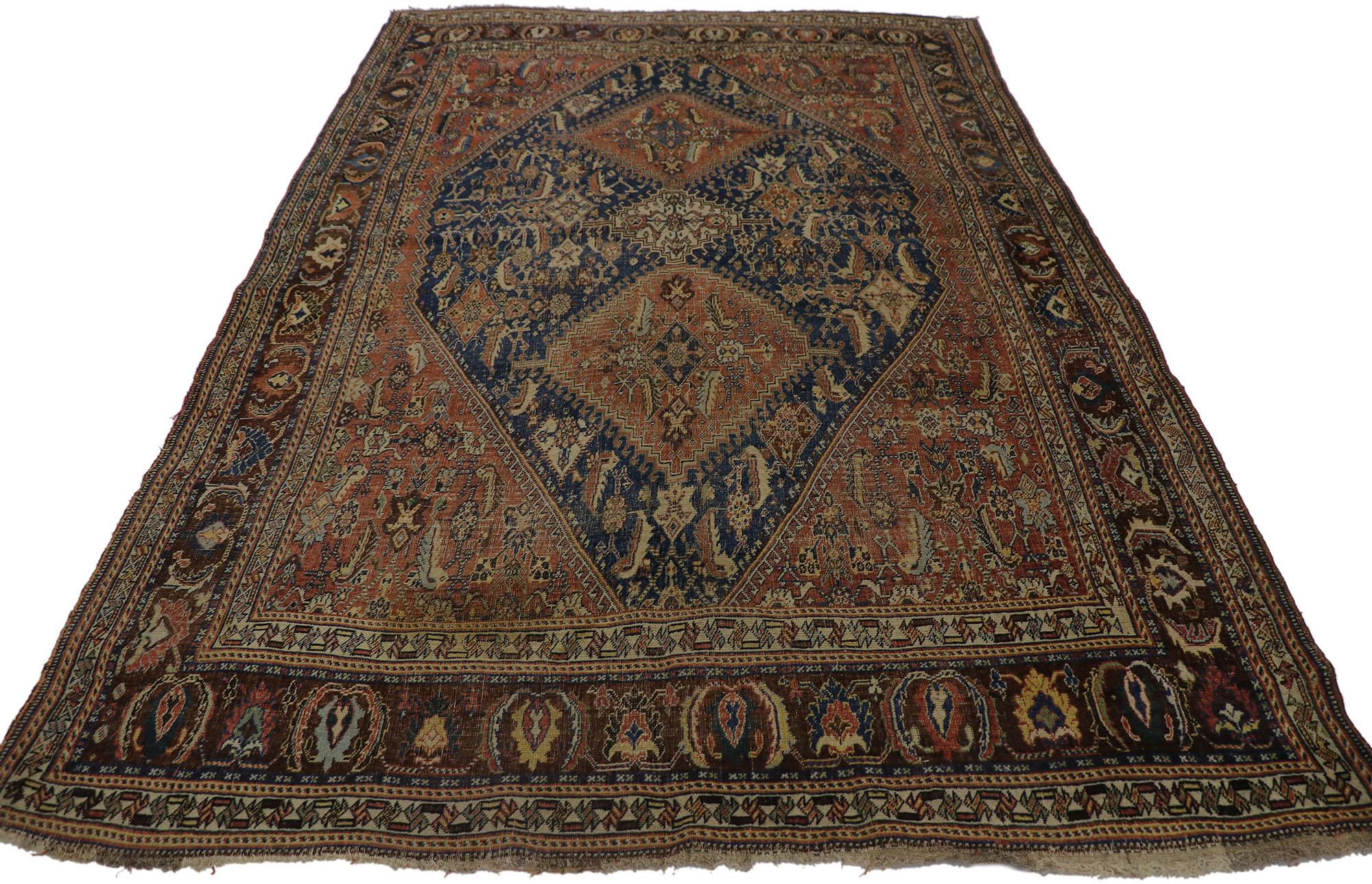 Hand-Knotted Antique Persian Qashqai Rug with Tribal Style For Sale