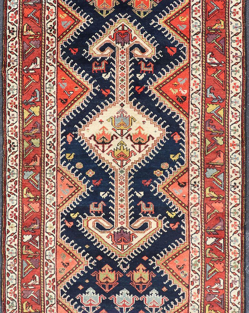 Antique Persian Qashqai Runner with Geometric Medallion Design in Vivid Colors  For Sale 3