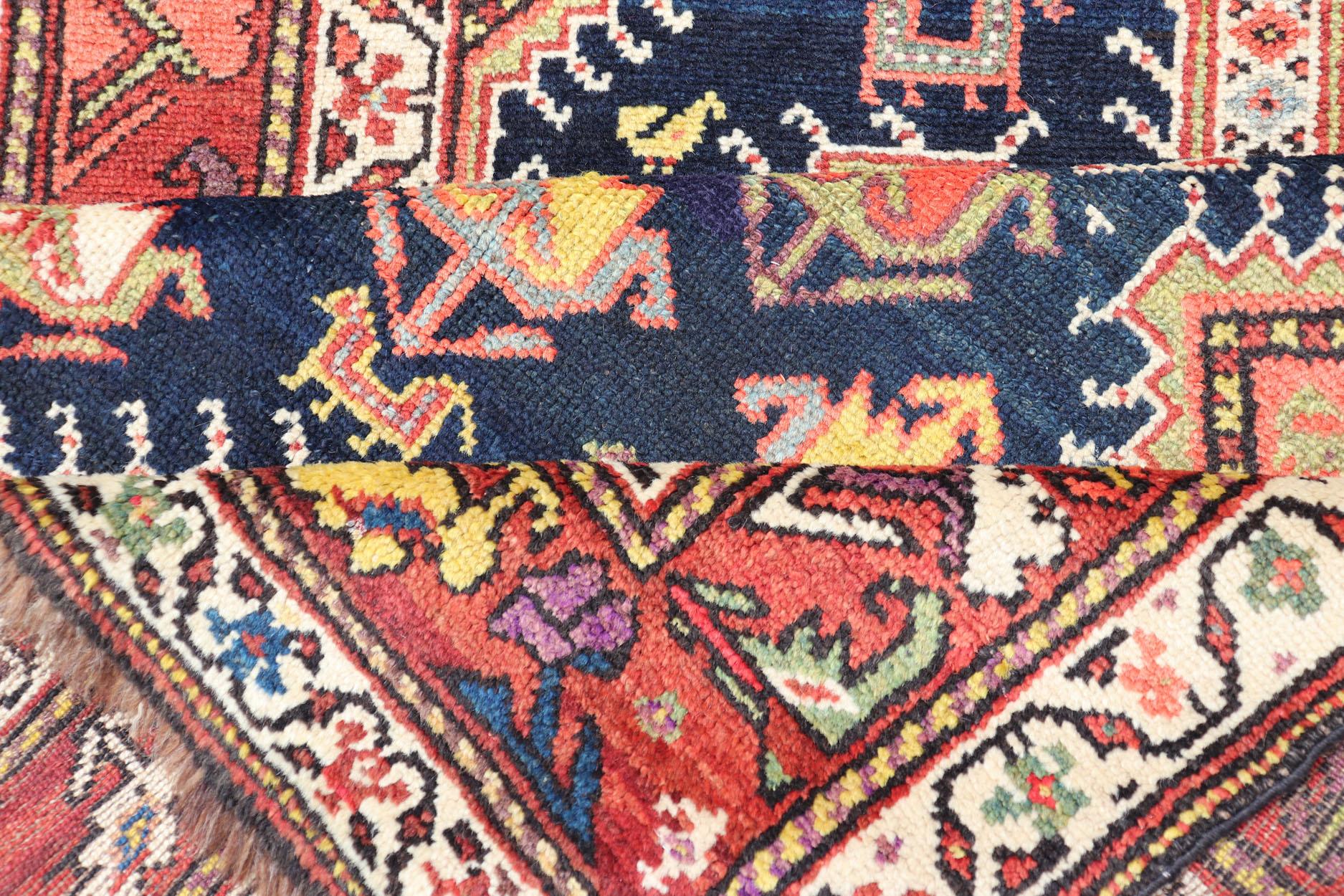 Antique Persian Qashqai Runner with Geometric Medallion Design in Vivid Colors  For Sale 6