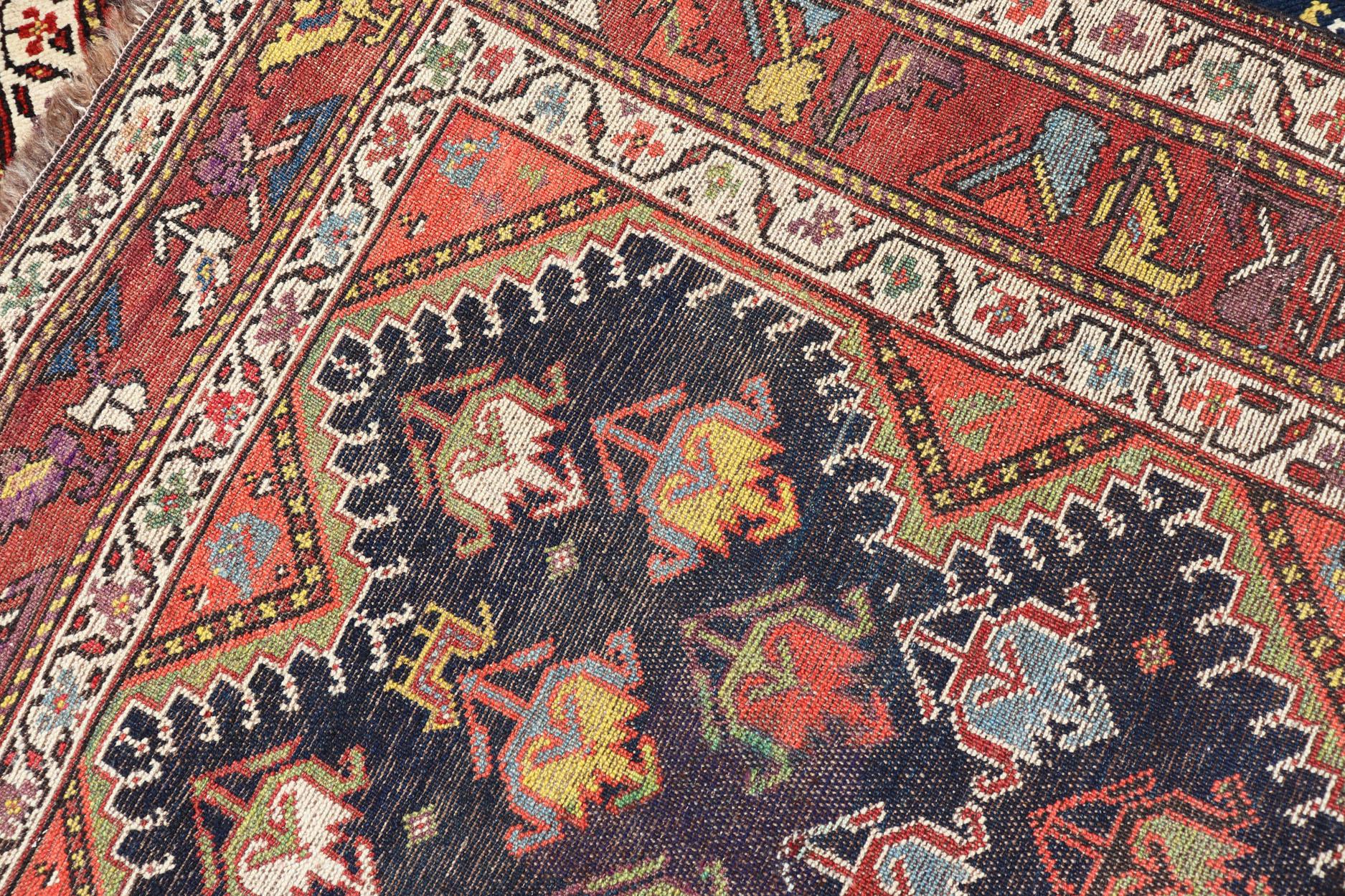 Antique Persian Qashqai Runner with Geometric Medallion Design in Vivid Colors  For Sale 7