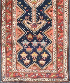 Antique Persian Qashqai Runner with Geometric Medallion Design in Vivid Colors**