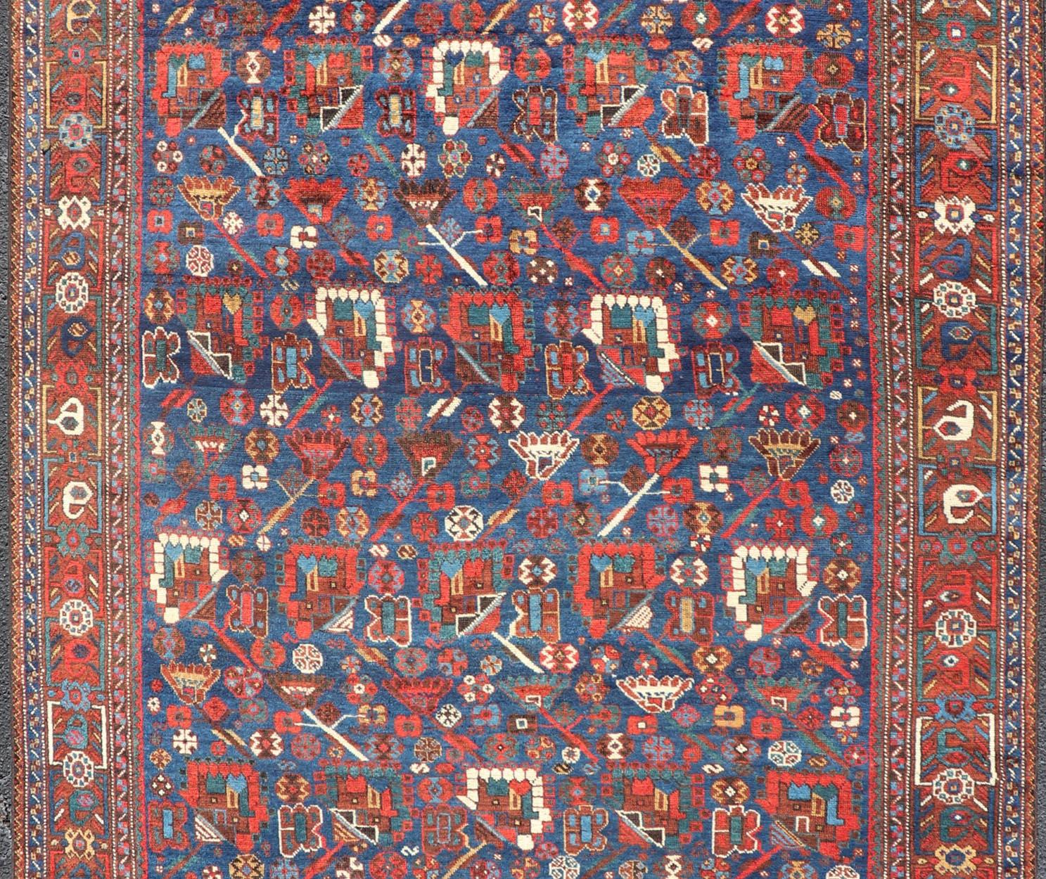 20th Century Antique Persian Qashqai Shiraz Tribal Rug with All-Over Tribal Design For Sale
