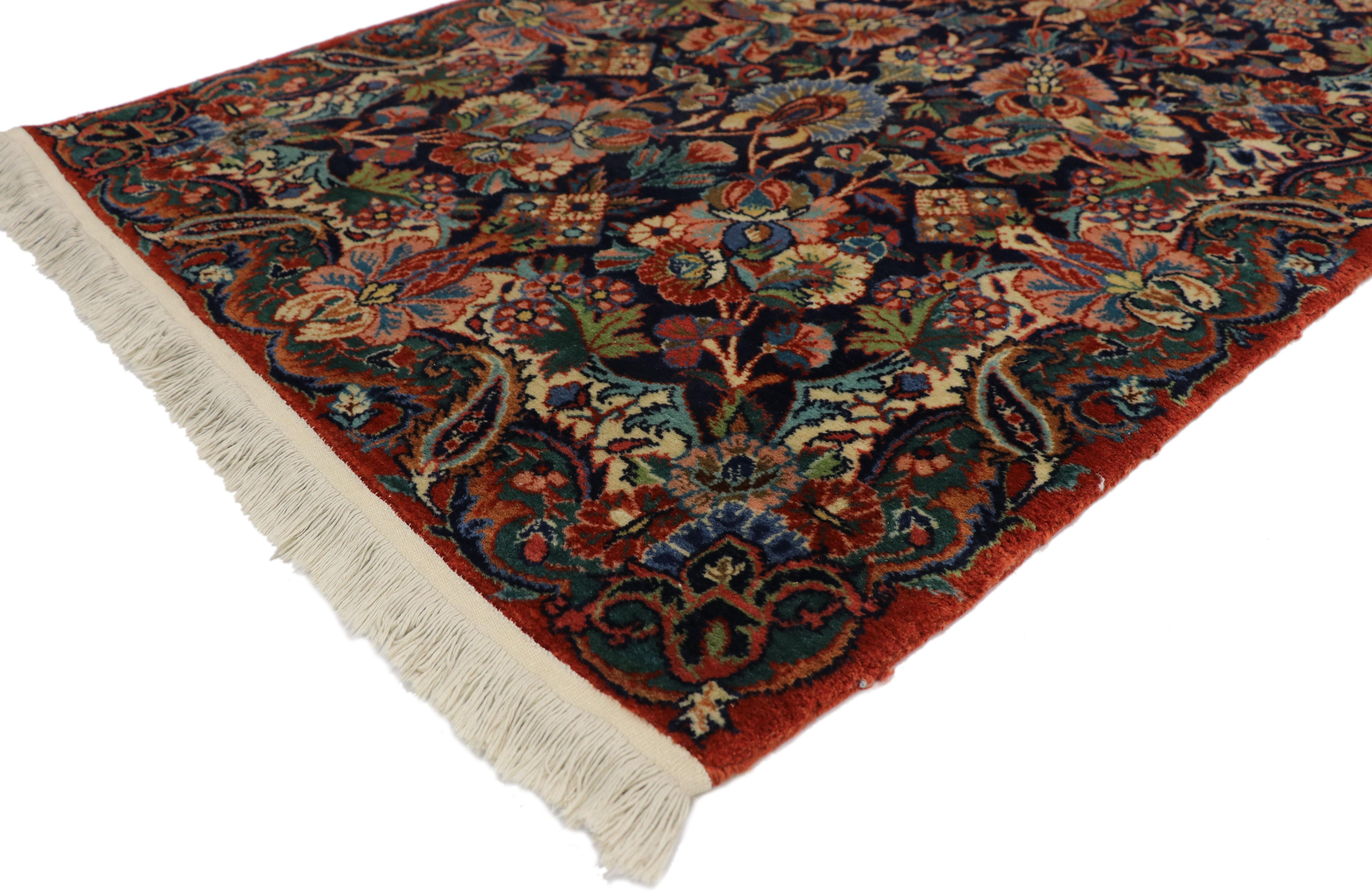 77350, antique Persian Qazvin Kirman rug runner with Luxe Baroque Regency style 02'09 x 17'10. This hand knotted wool vintage Qazvin Kirman Persian runner features a lively all-over floral pattern composed of floral forms, curved sickle leaves,
