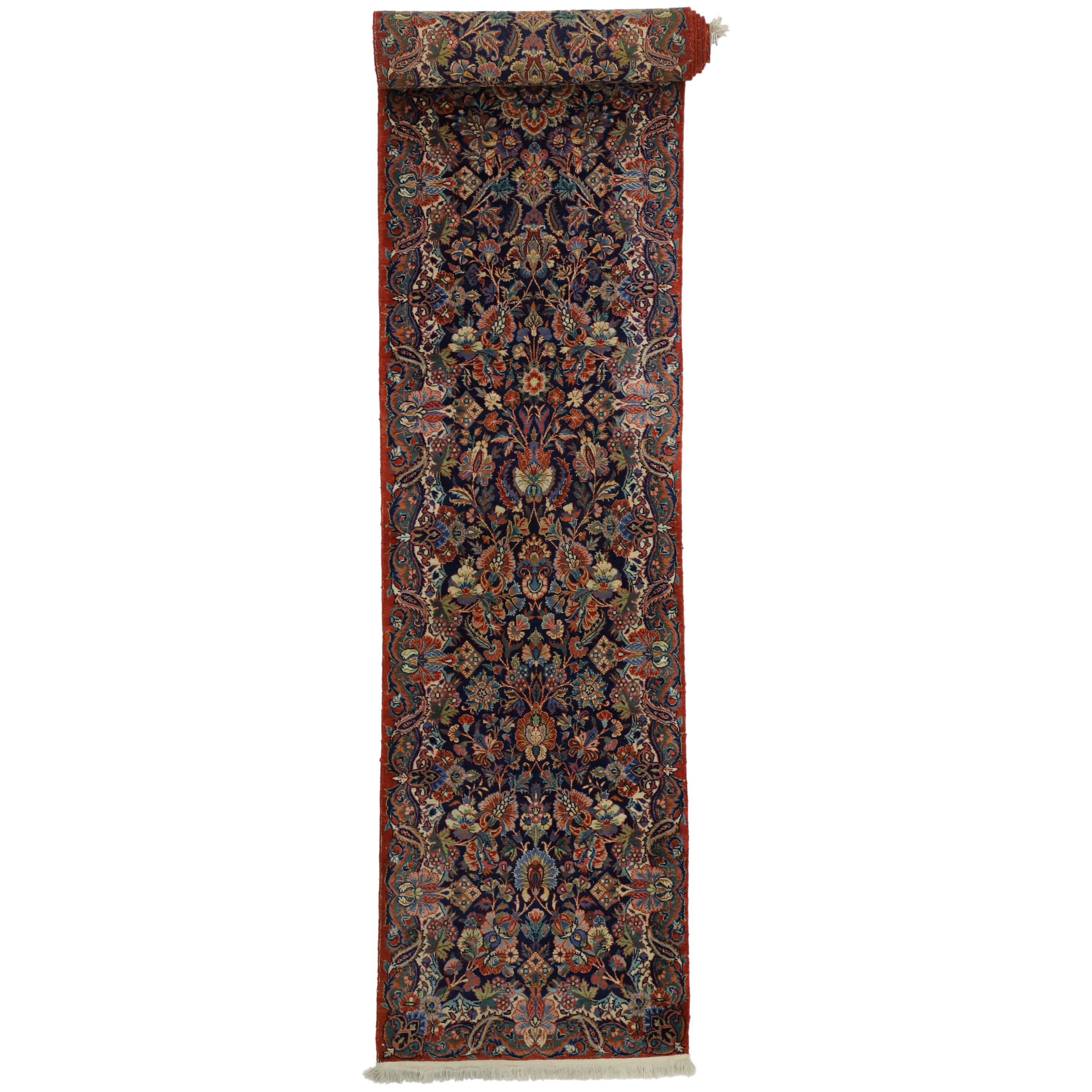 Antique Persian Qazvin Kirman Rug Runner with Luxe Baroque Regency Style