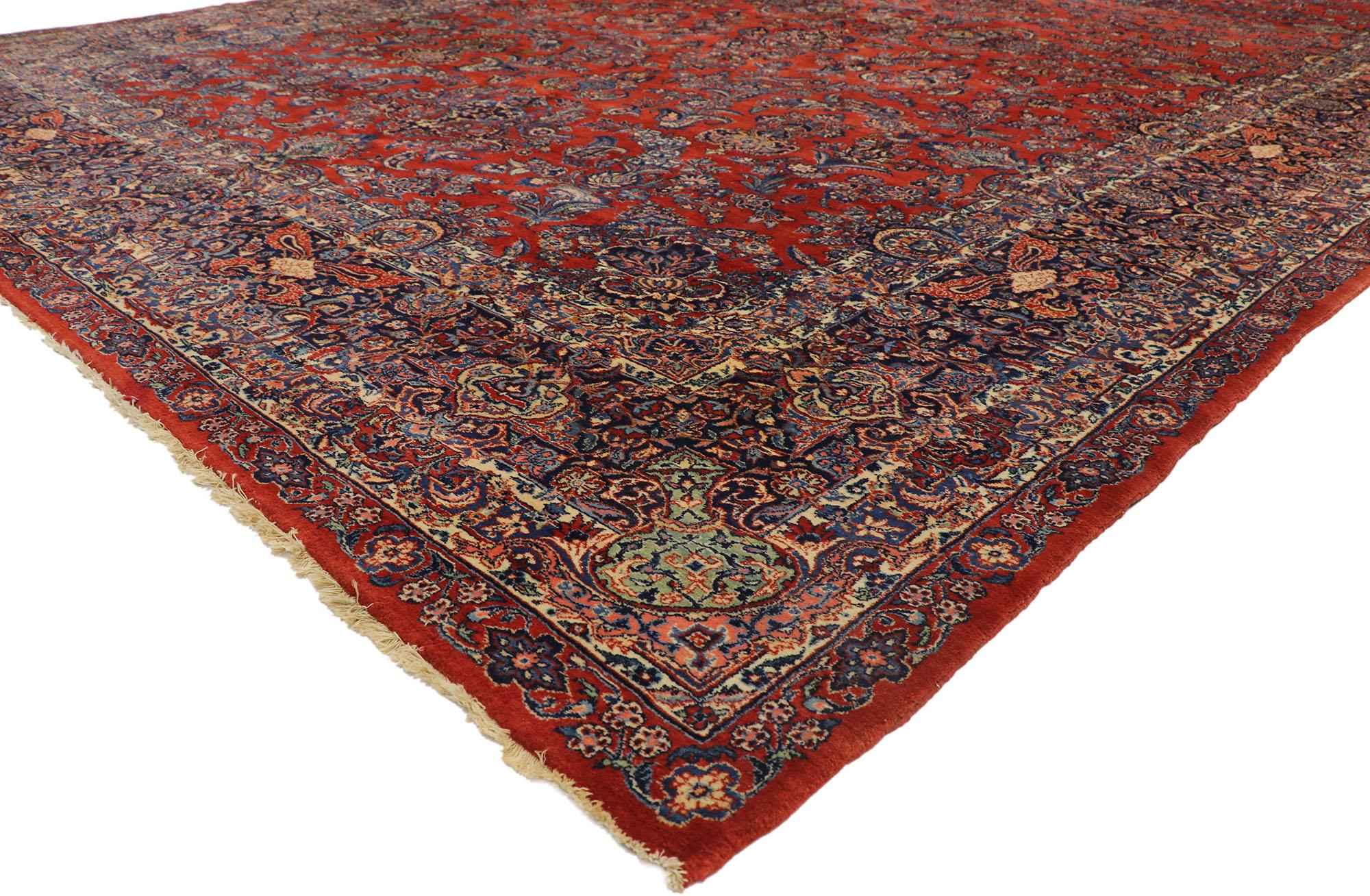 77432 late 19th century antique Persian Qazvin Palace rug with English Tudor style. With timeless appeal, refined colors, and architectural design elements, this hand knotted wool antique Persian Qazvin palace rug can beautifully blend contemporary