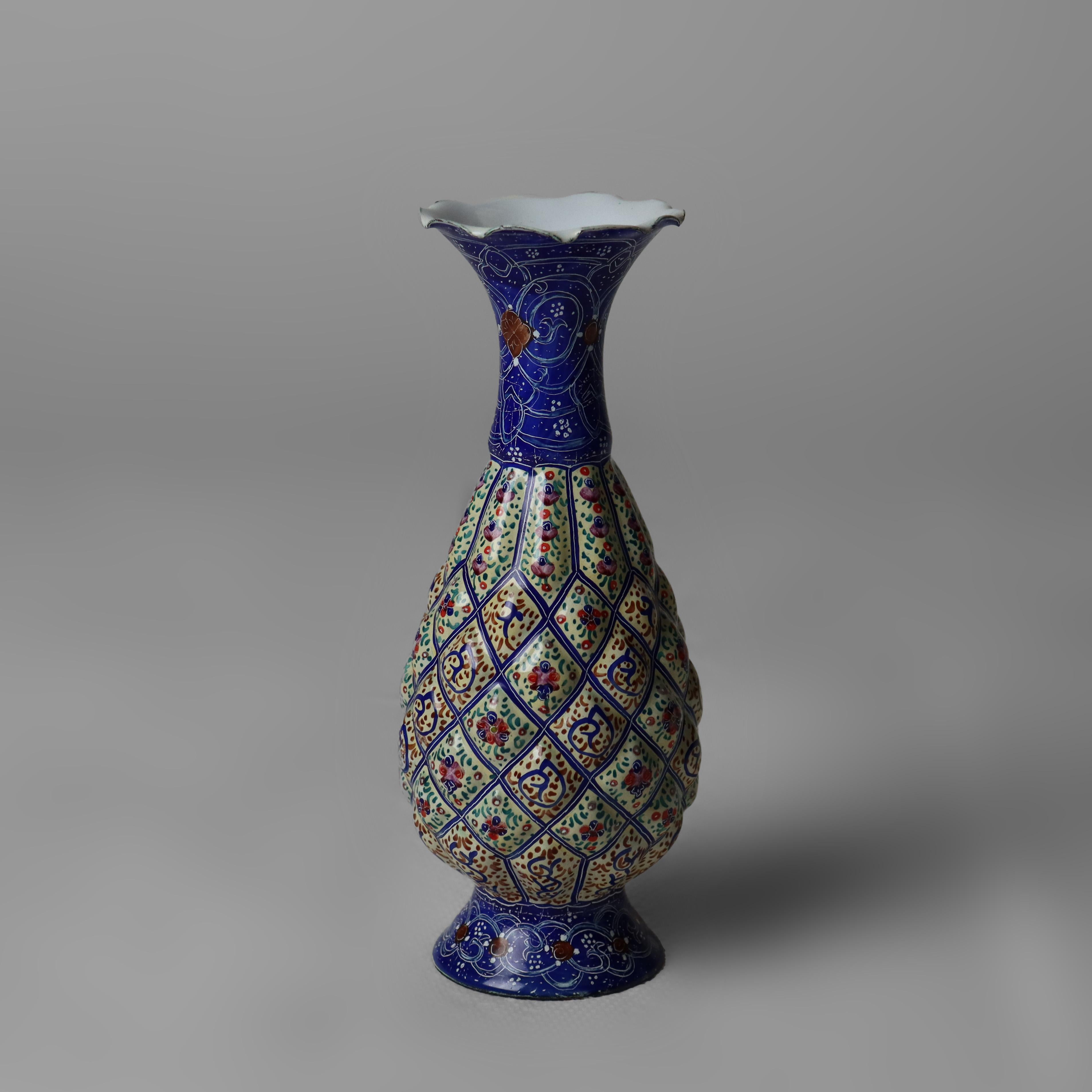 Antique Persian Quilted Porcelain Floral Enameled Vase Signed C1920
Measures - 6