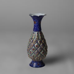 Antique Persian Quilted Porcelain Floral Enameled Vase Signed C1920