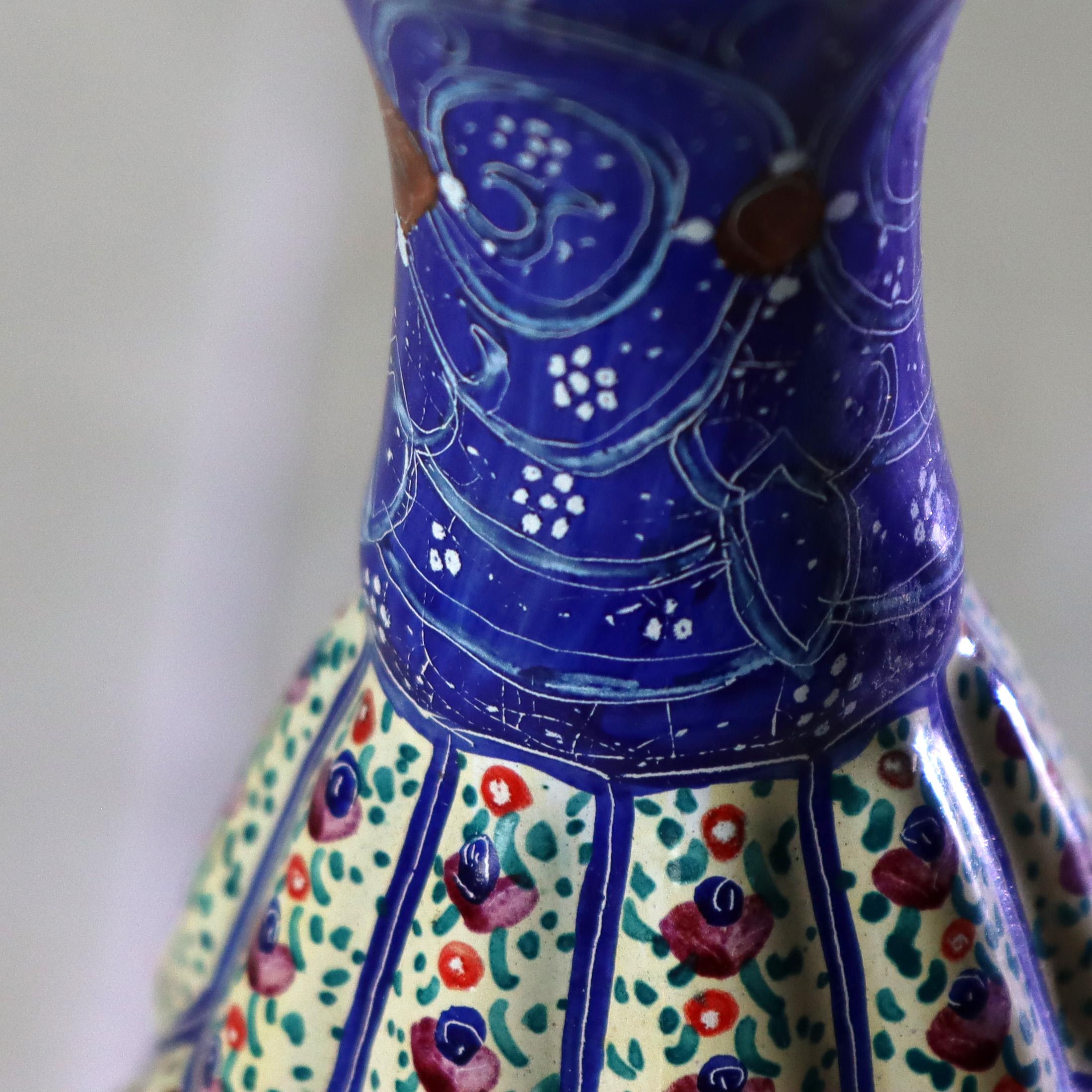 20th Century Antique Persian Quilted Porcelain Floral Enameled Vase Signed C1920 For Sale