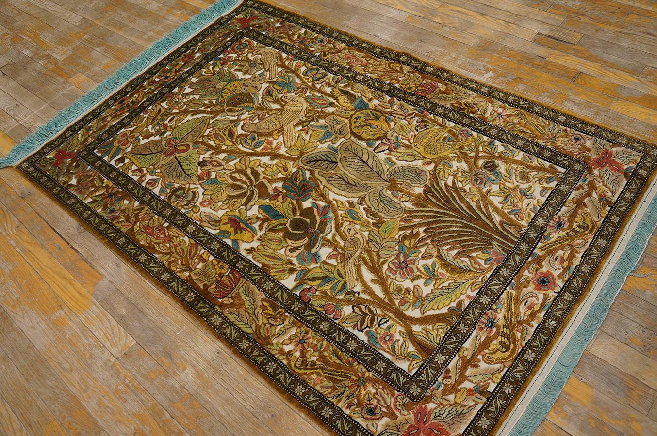 Hand-Knotted Mid 20th Century Persian Silk Souf Qum Carpet 3'6