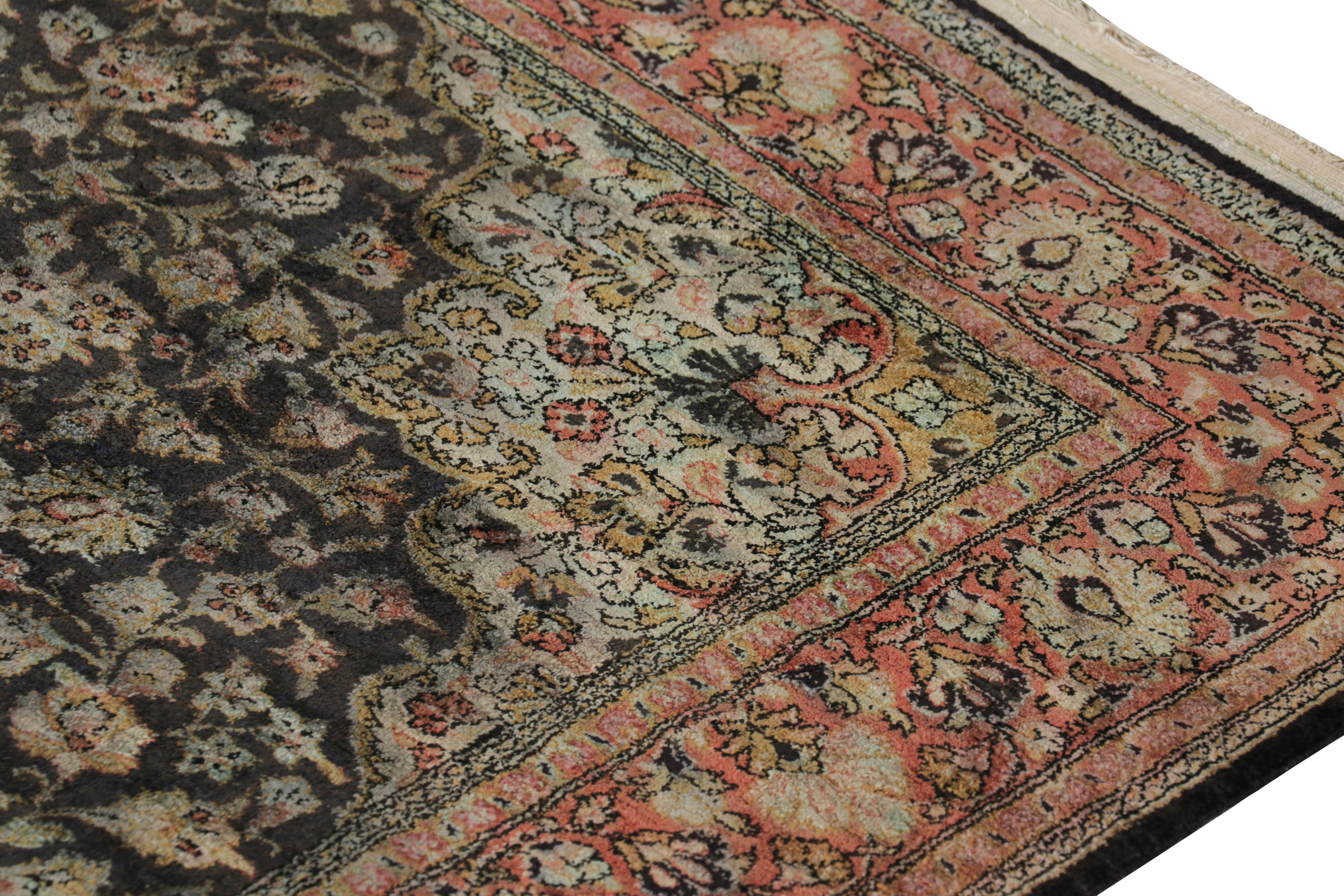 Hand-Knotted Antique Persian Qum Rug in Brown with Florals and Medallions For Sale