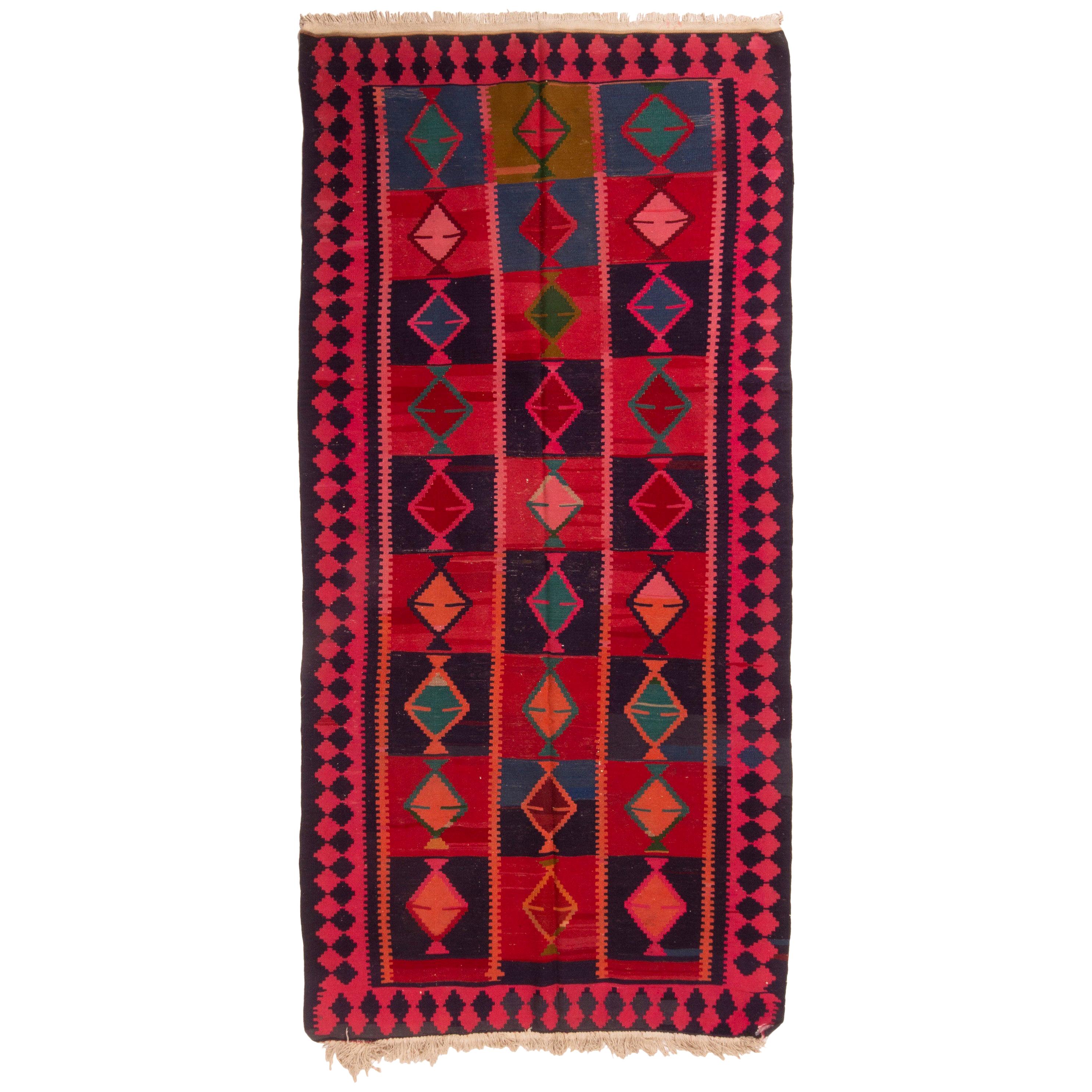 Antique Ghazvin Red and Blue Persian Wool Kilim Rug For Sale at 1stDibs