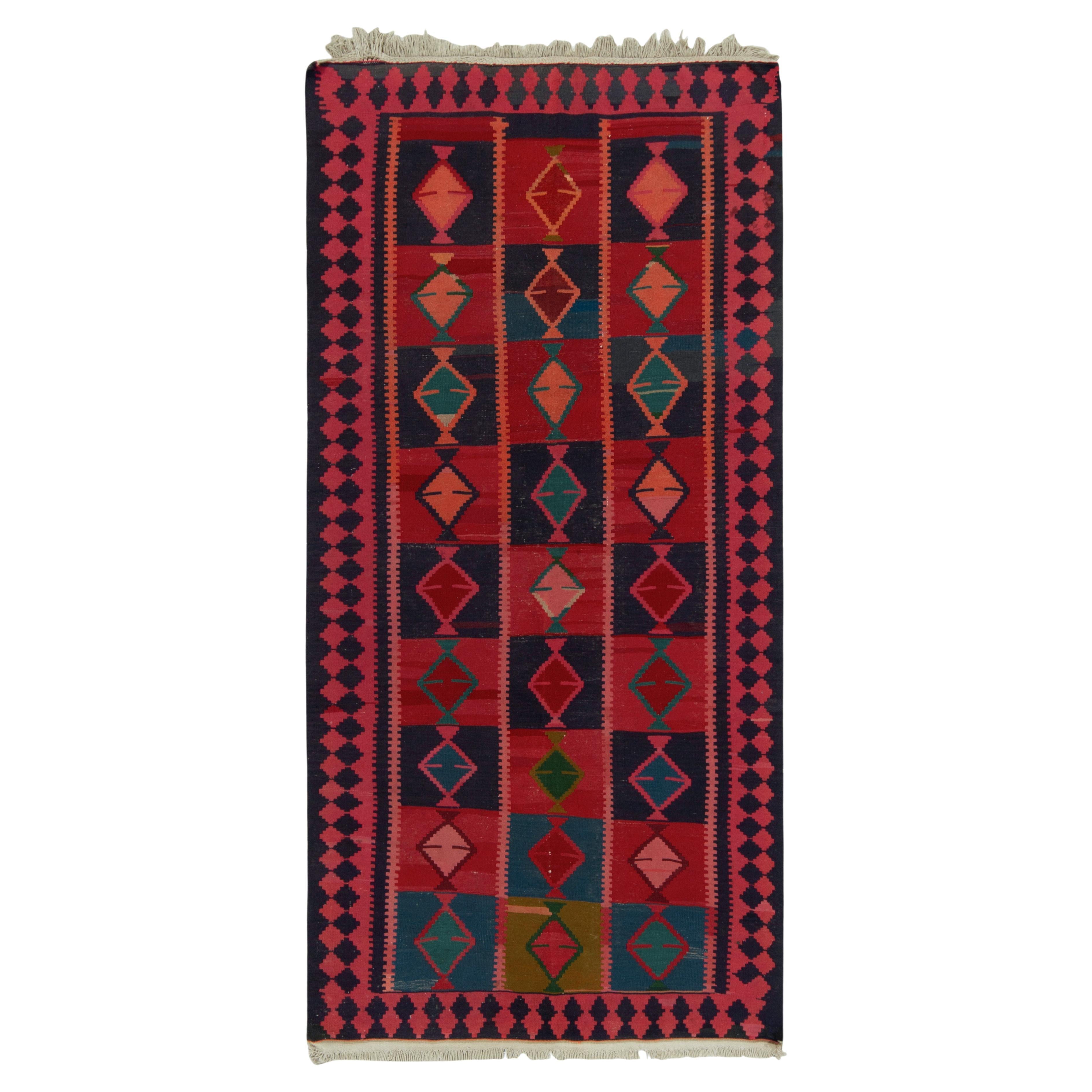 Hand-Knotted Antique Persian in Pink, Red, Blue Geometric Pattern by Rug & Kilim