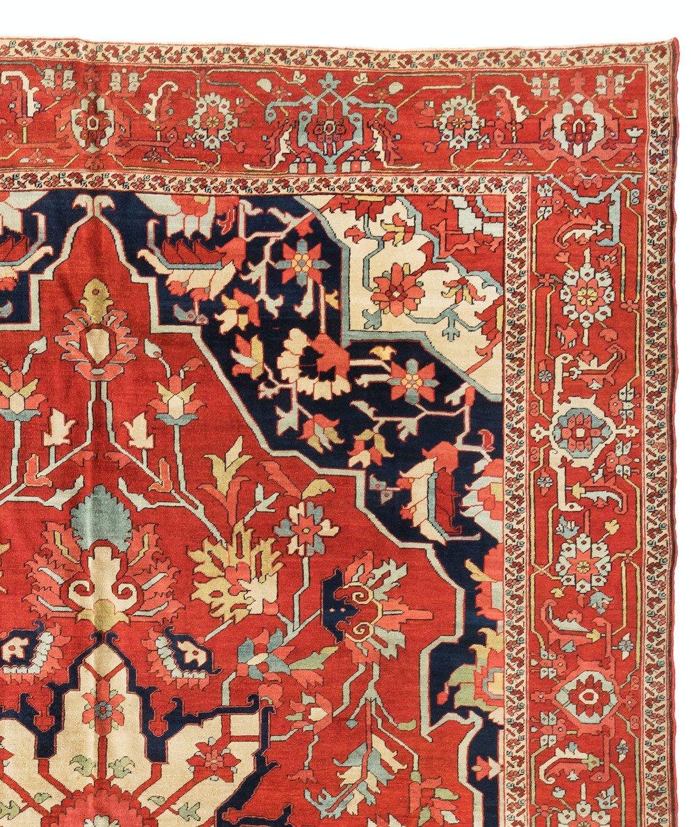 Alfombra persa antigua vintage roja azul marino marfil Serapi, circa 1900-1910s Persa en venta