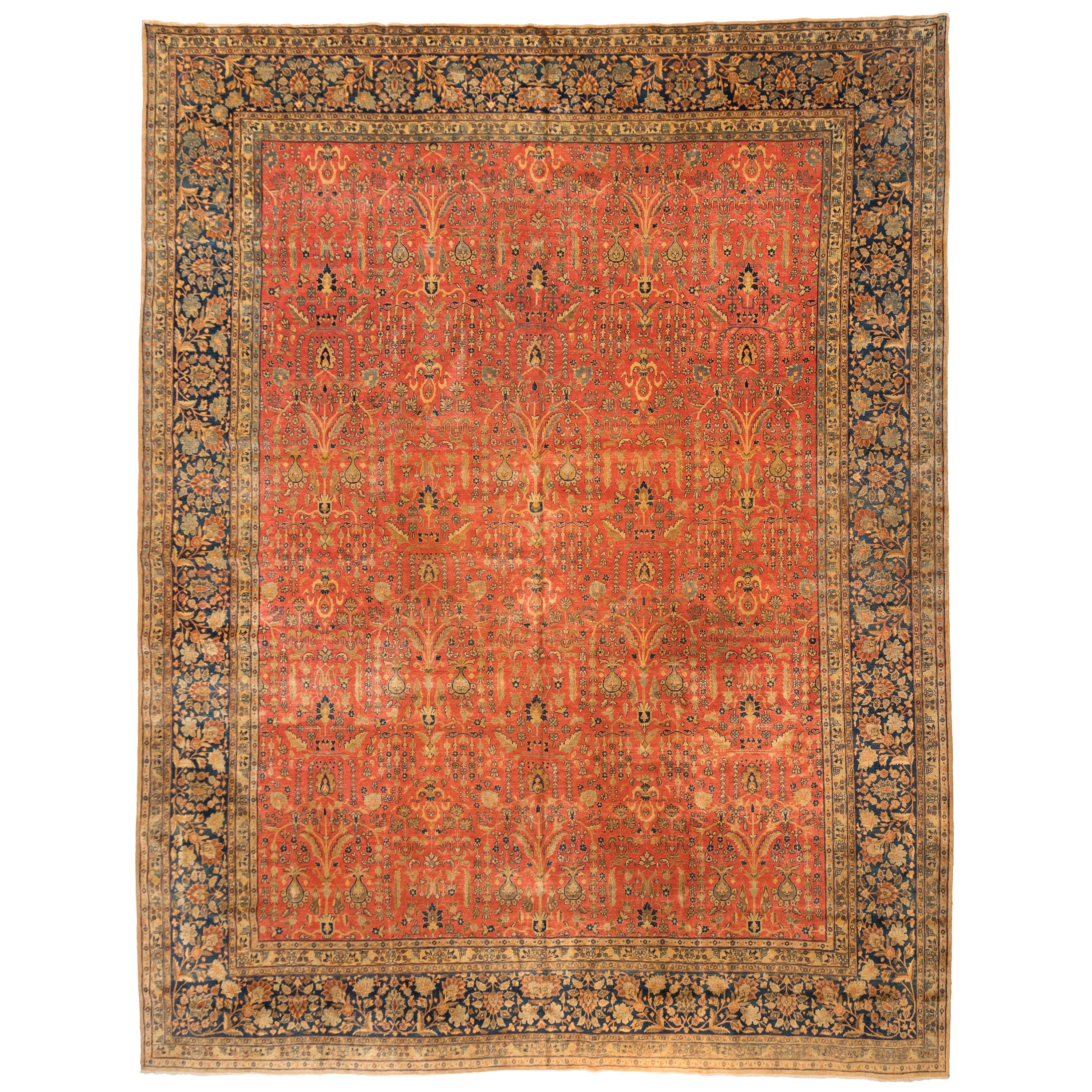 Antique Persian Red Gold Navy Blue Large Oversize Tabriz Rug For Sale