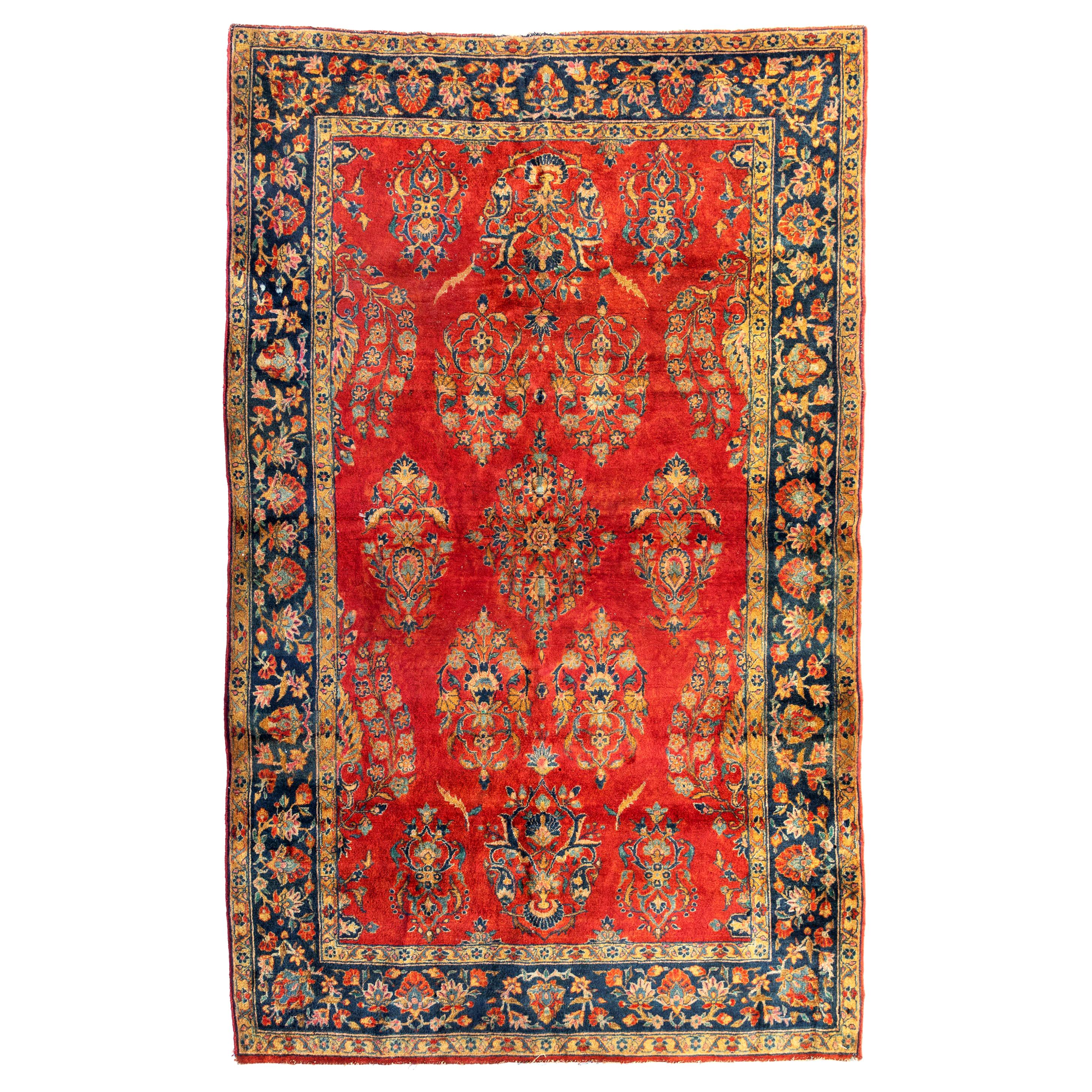 Antique Persian Red Gold Navy Manchester Wool Kashan Small Area Rug, circa 1920s For Sale