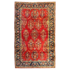 Antique Persian Red Gold Navy Manchester Wool Kashan Small Area Rug, circa 1920s