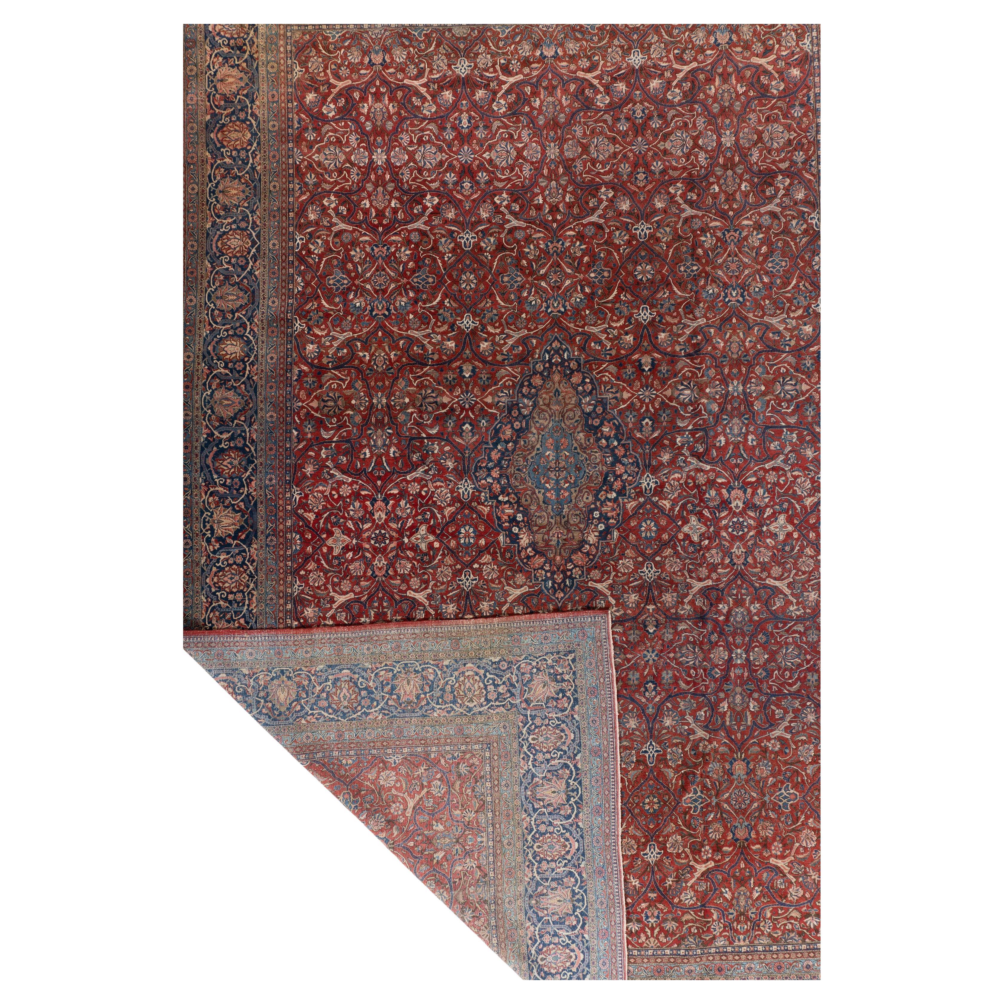 Ancien tapis de Kashan persan rouge noué à la main