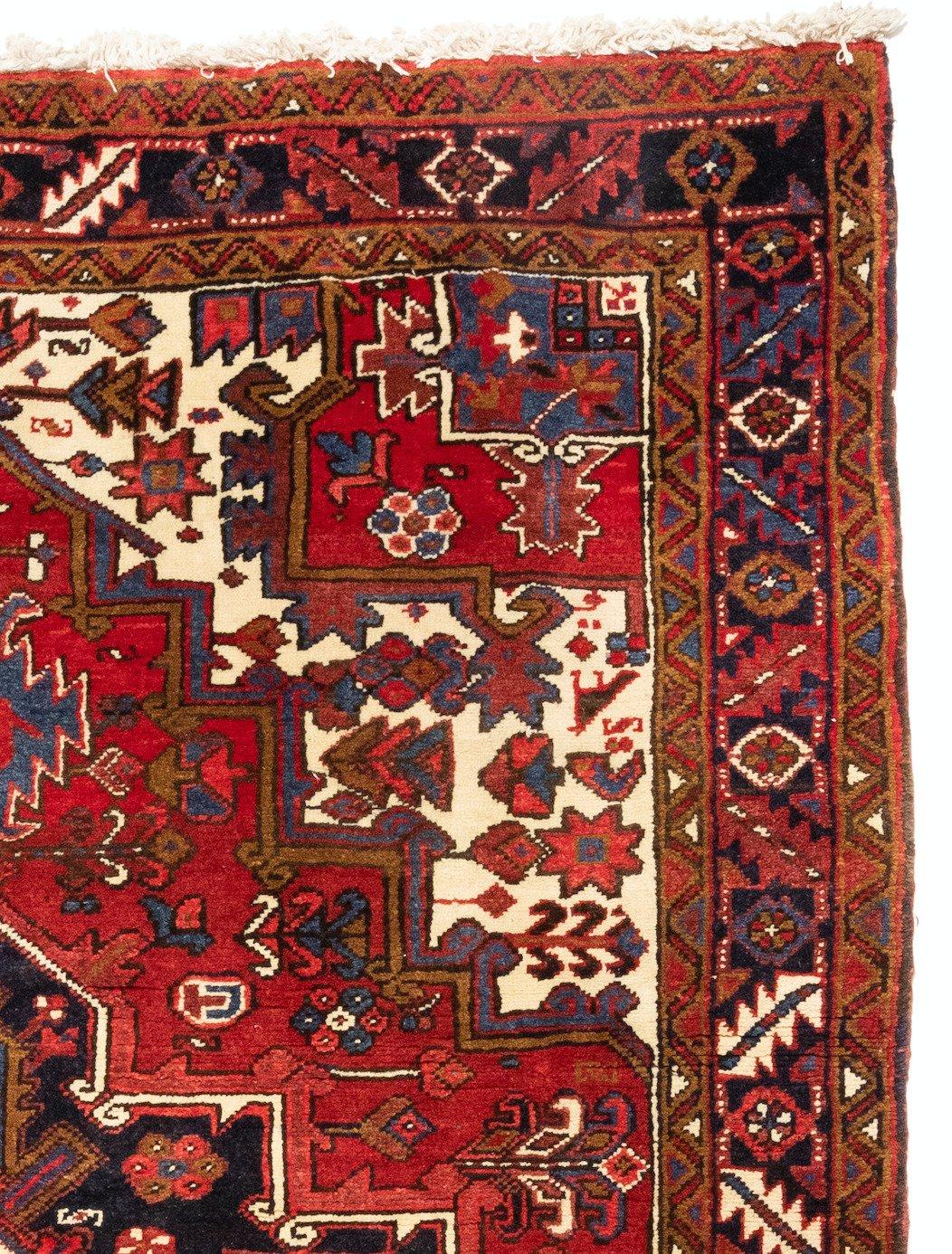 Heriz Serapi Antique Persian Red Ivory and Navy Blue Geometric Tribal Heriz Rug