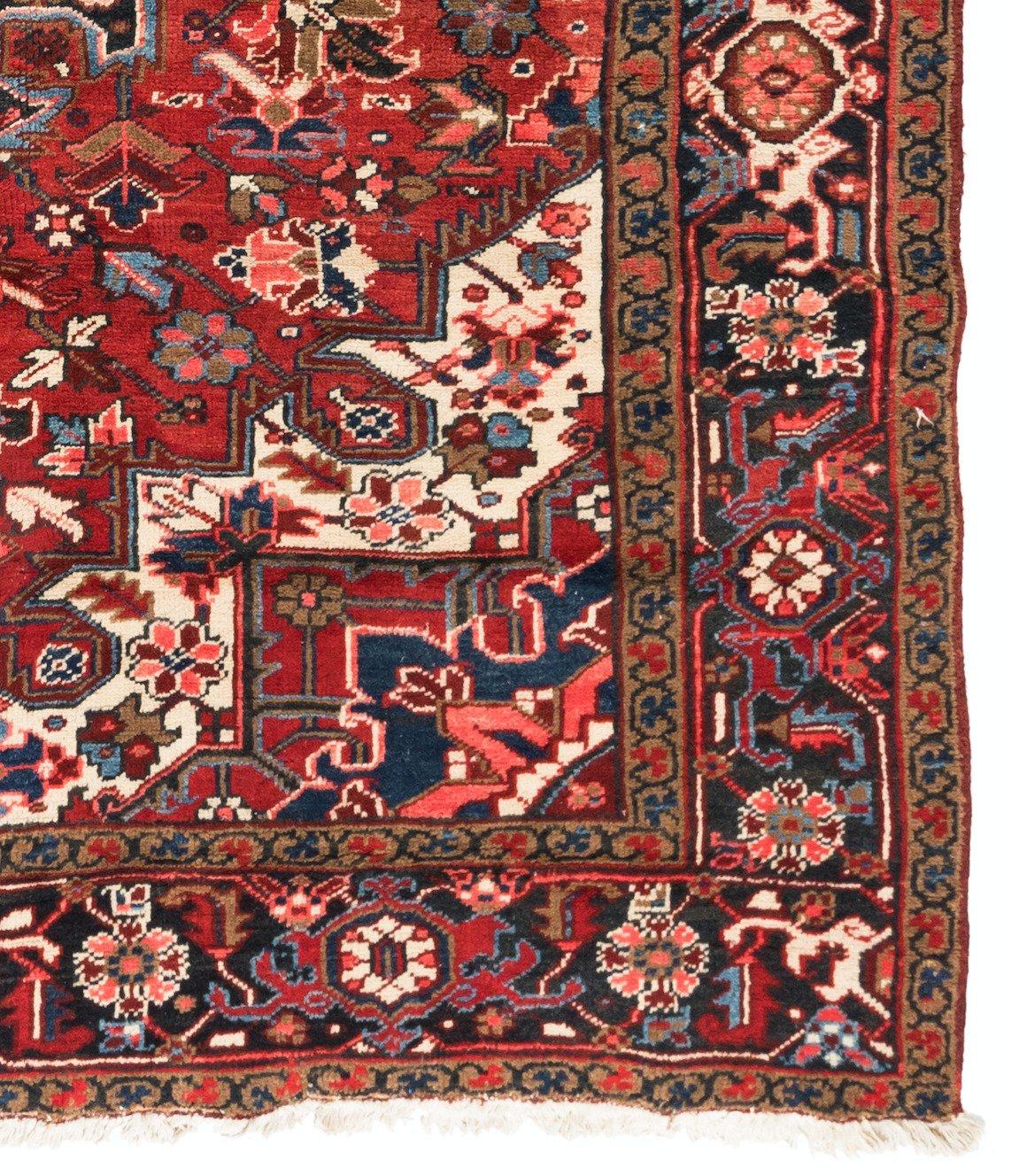 Hand-Knotted Antique Vintage Persian Red Ivory Navy Blue Square Heriz Rug circa 1950s