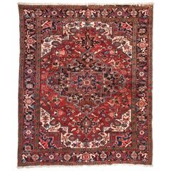 Antique Vintage Persian Red Ivory Navy Blue Square Heriz Rug circa 1950s