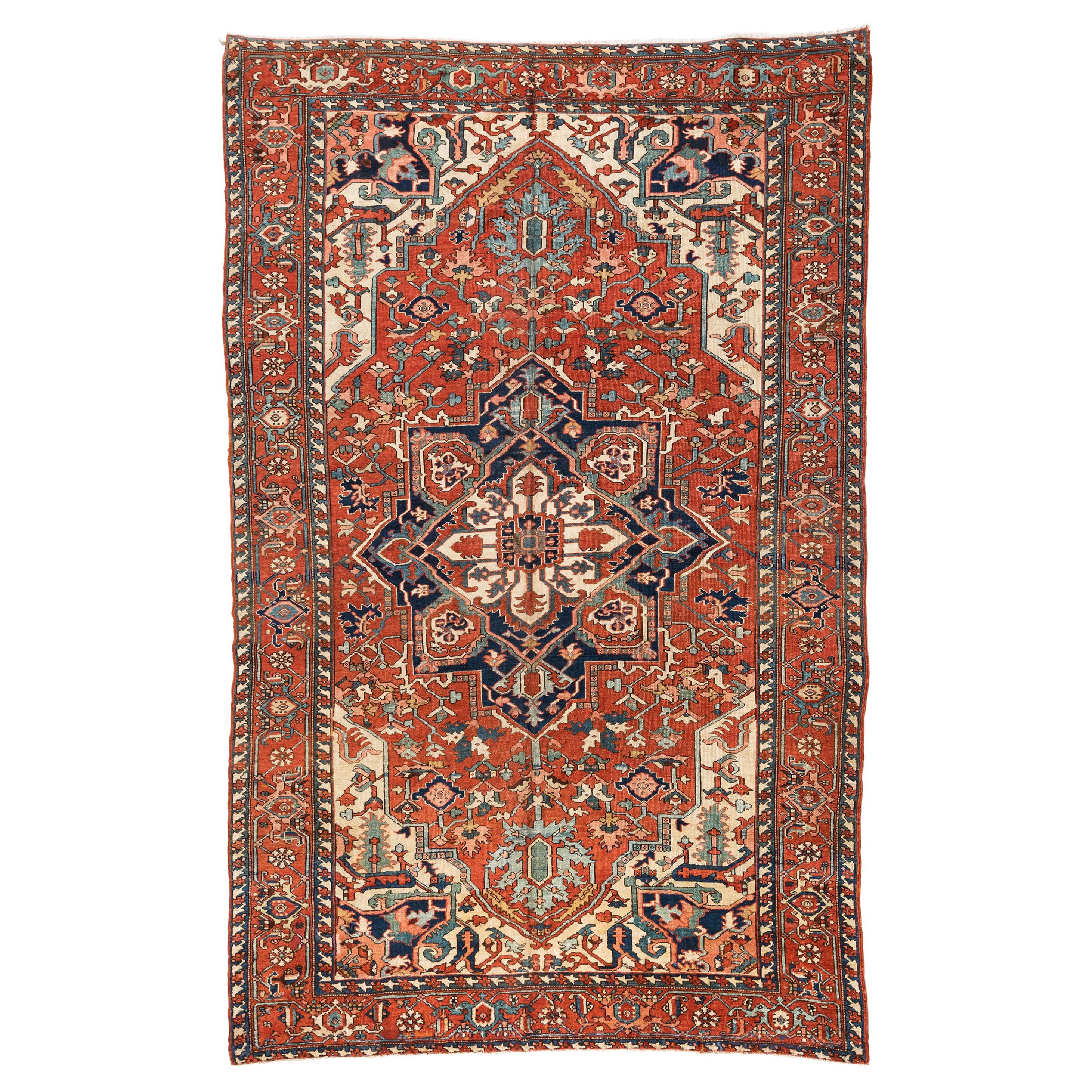 Antique Persian Red Ivory and Blue Serapi Rug, circa 1920-1930 For Sale
