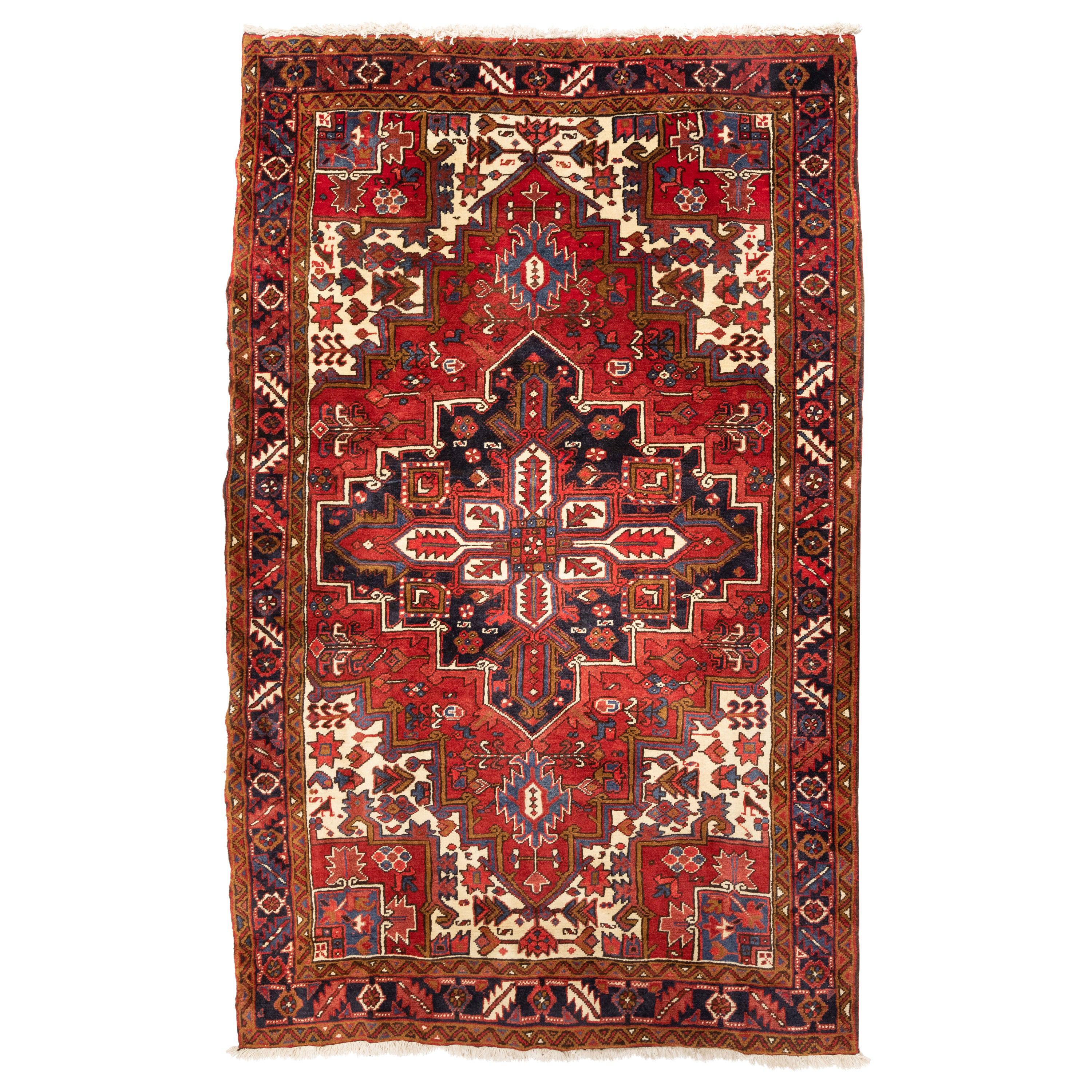 Antique Persian Red Ivory and Navy Blue Geometric Tribal Heriz Rug