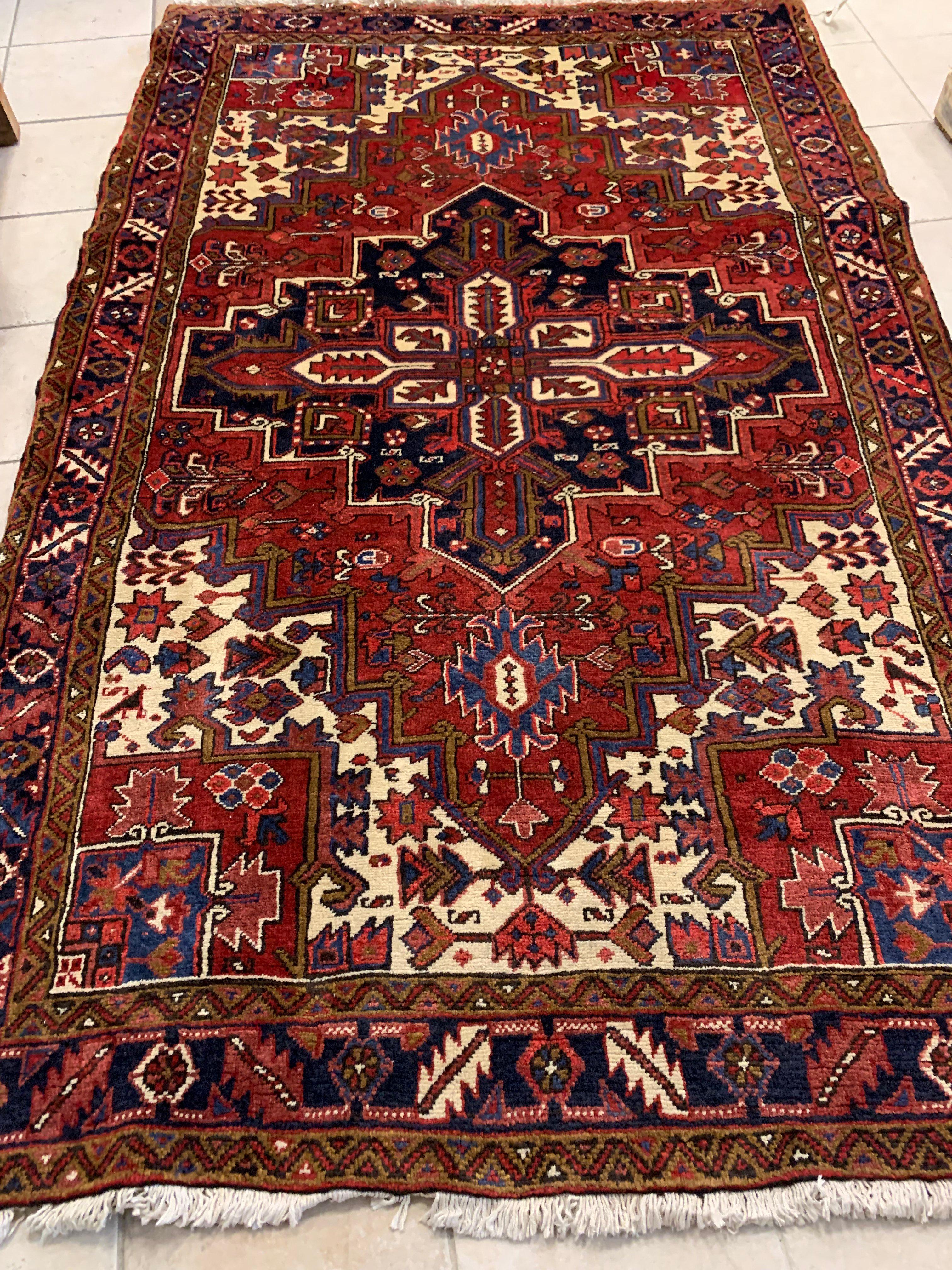 Antique Persian Red Ivory and Navy Blue Geometric Tribal Heriz Rug In Good Condition In New York, NY