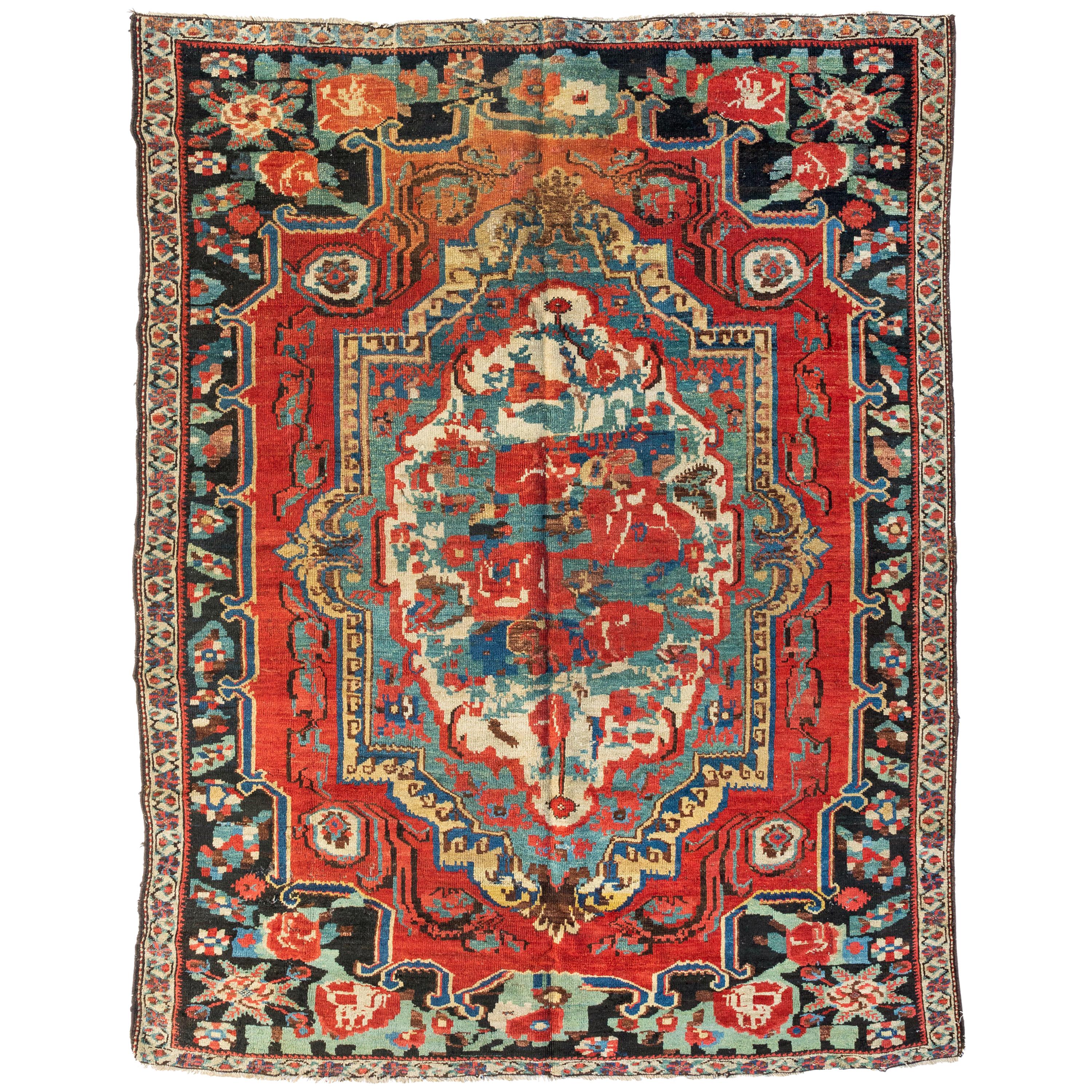 Antique Persian Red Ivory Green and Blue Bakhtiari Rug, circa 1920s For Sale