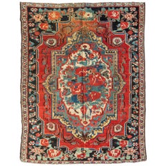 Antique Persian Red Ivory Green and Blue Bakhtiari Rug, circa 1920s