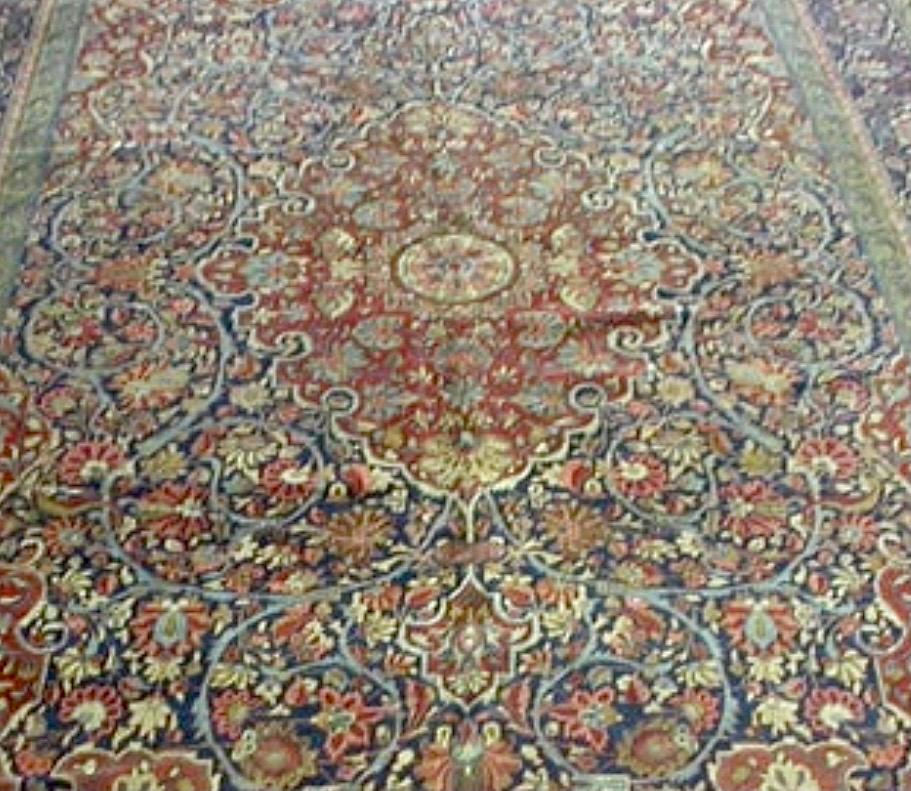 Hand-Woven Antique Persian Red Ivory Green Floral Kashan Area Rug For Sale