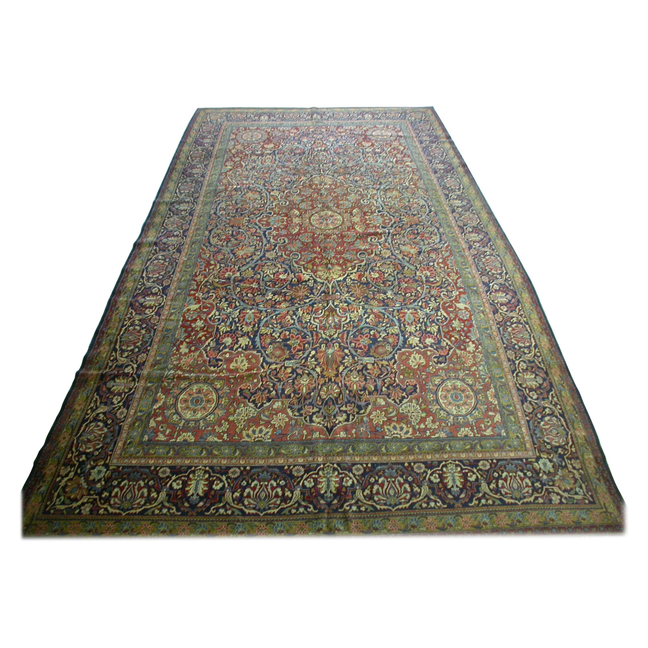 Antique Persian Red Ivory Green Floral Kashan Area Rug For Sale