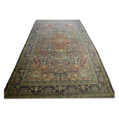 Antique Persian Red Ivory Green Floral Kashan Area Rug
