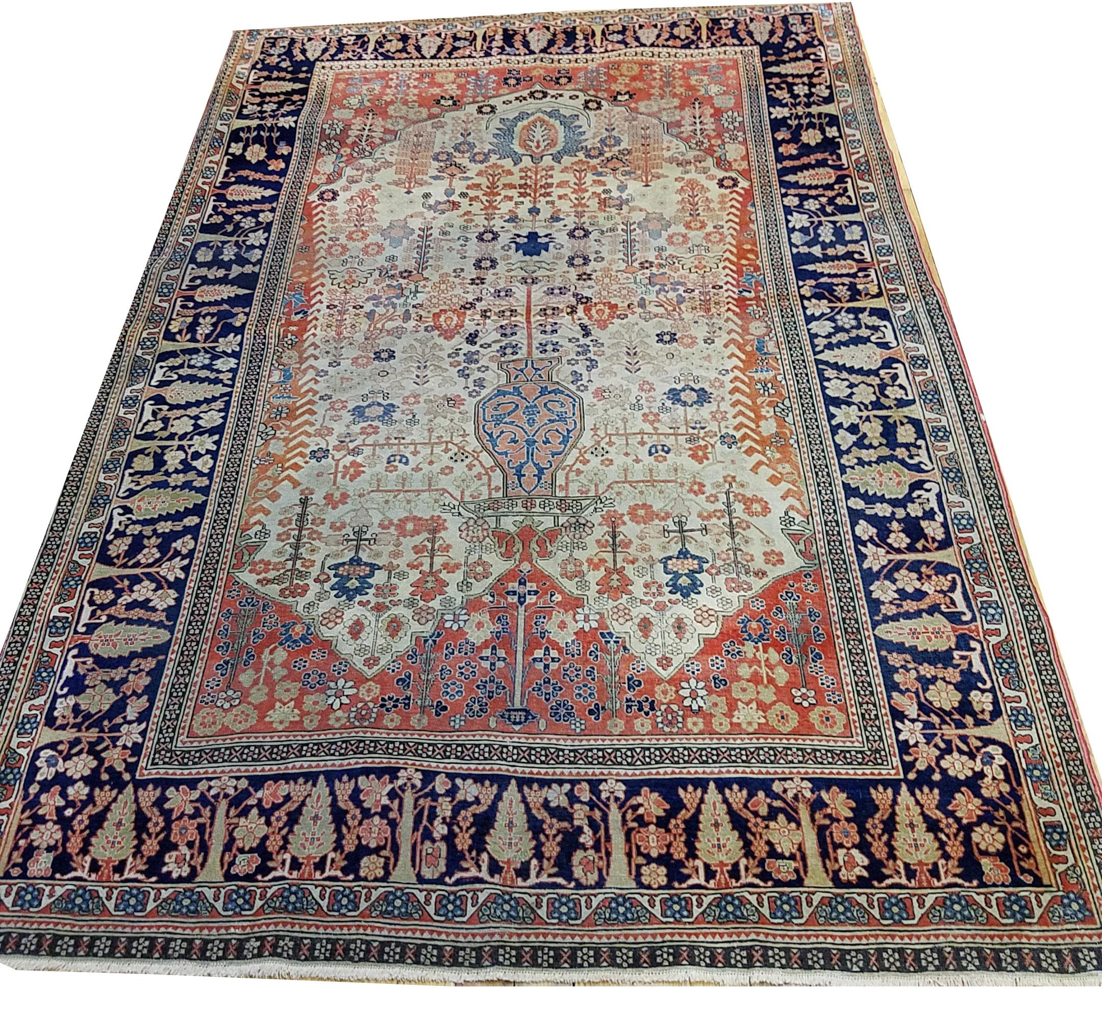 Laine Tapis ancien persan rouge de Kashan Mohtashem 4'2 x 6'. en vente