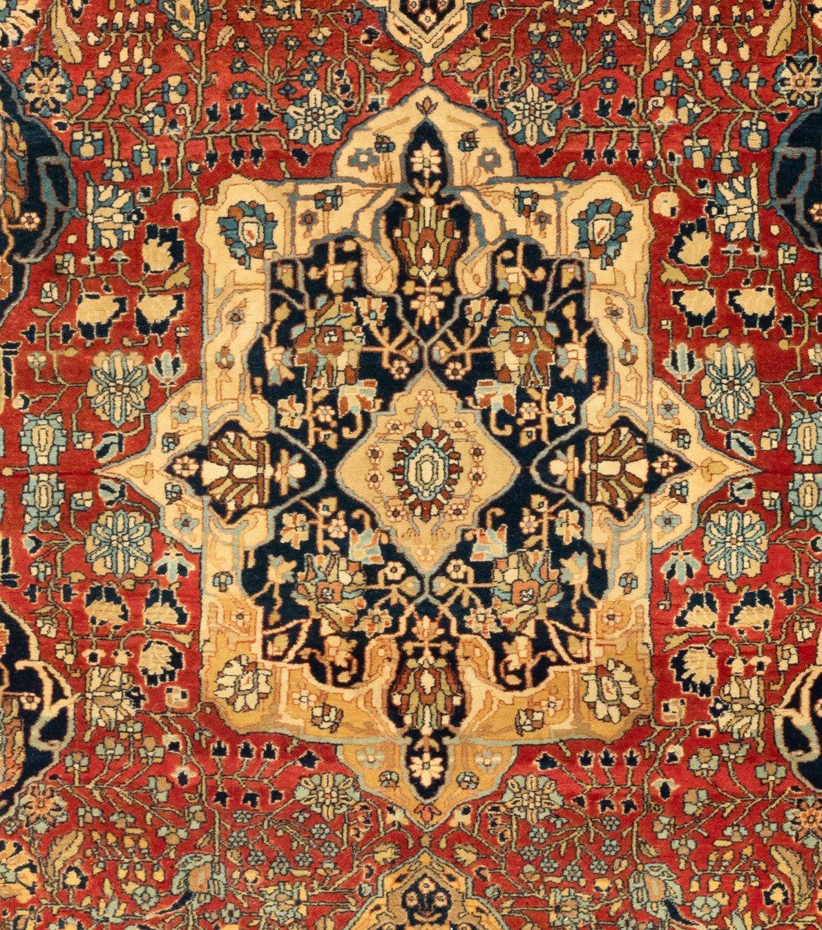 Antique Kashan carpets are among the finest Persian rugs. They are woven in workshops of the city of Kashan, in north central Iran. Kashan was a hub of silk production since the Safavid dynasty, and has created some of the highest quality Persian