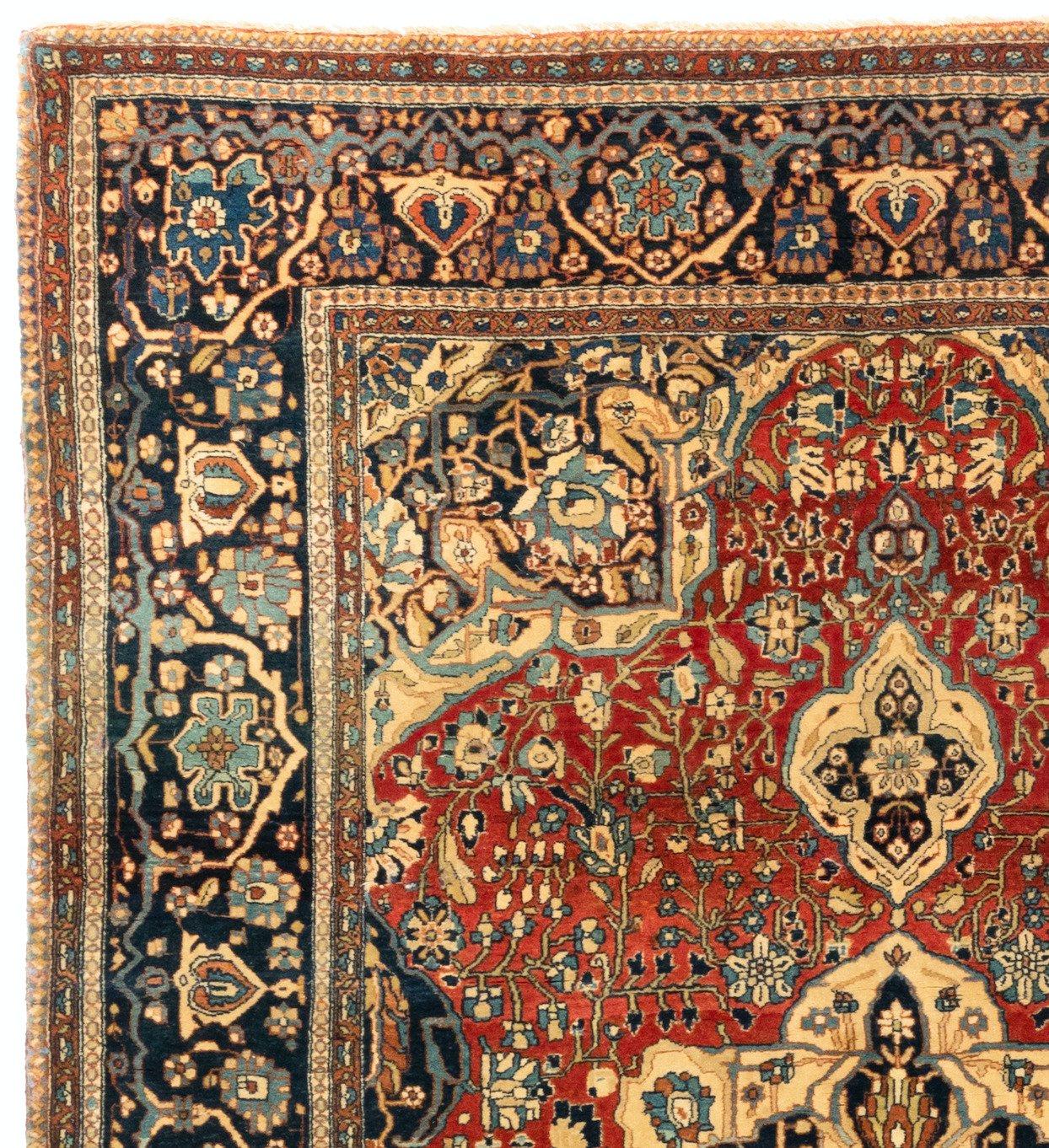 Hand-Woven Antique Persian Red Light Blue Navy Blue Floral Mohtasham Kashan Rug circa 1880s For Sale