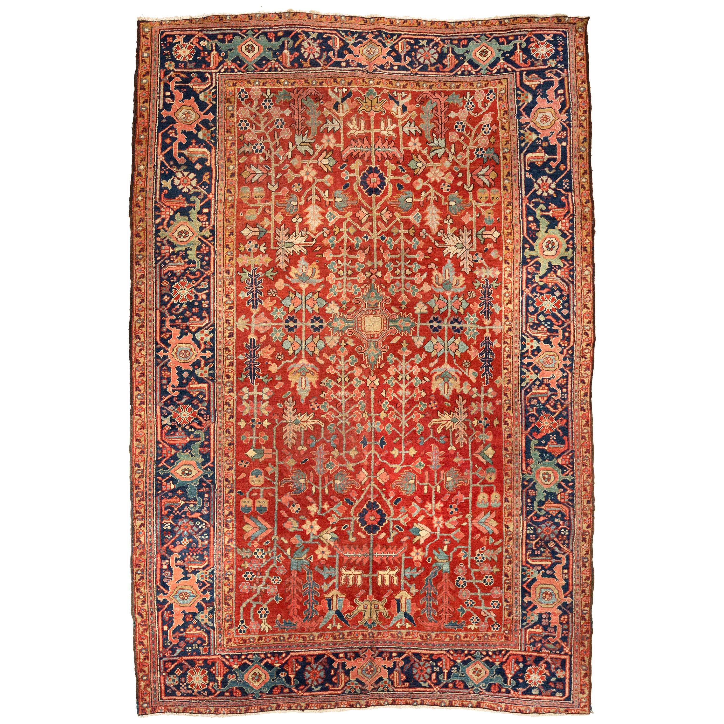 Antique Persian Red Navy Blue and Gold Geometric Heriz Rug, circa 1920s-1930s For Sale