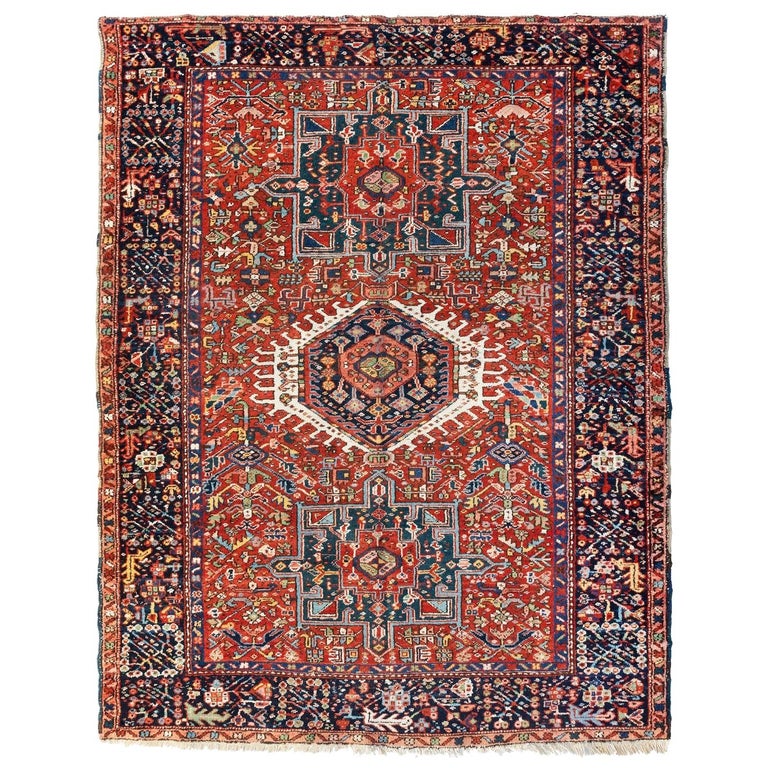 Antique Persian Red Navy Blue Geometric, Navy Blue And Red Persian Rug
