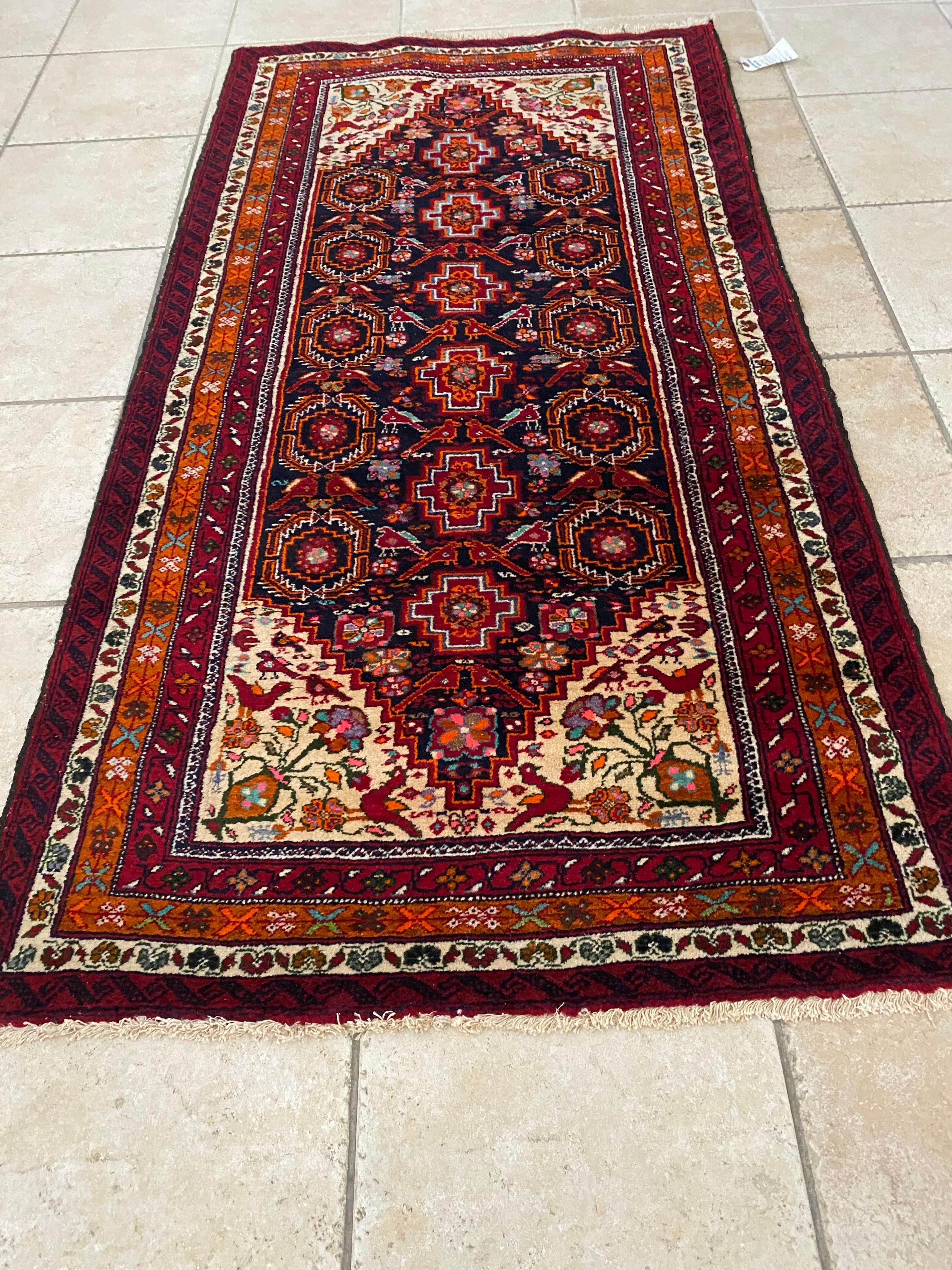 Hand-Knotted Antique Persian Red Navy Blue Tribal Persian Bakhtiari Small Rug For Sale