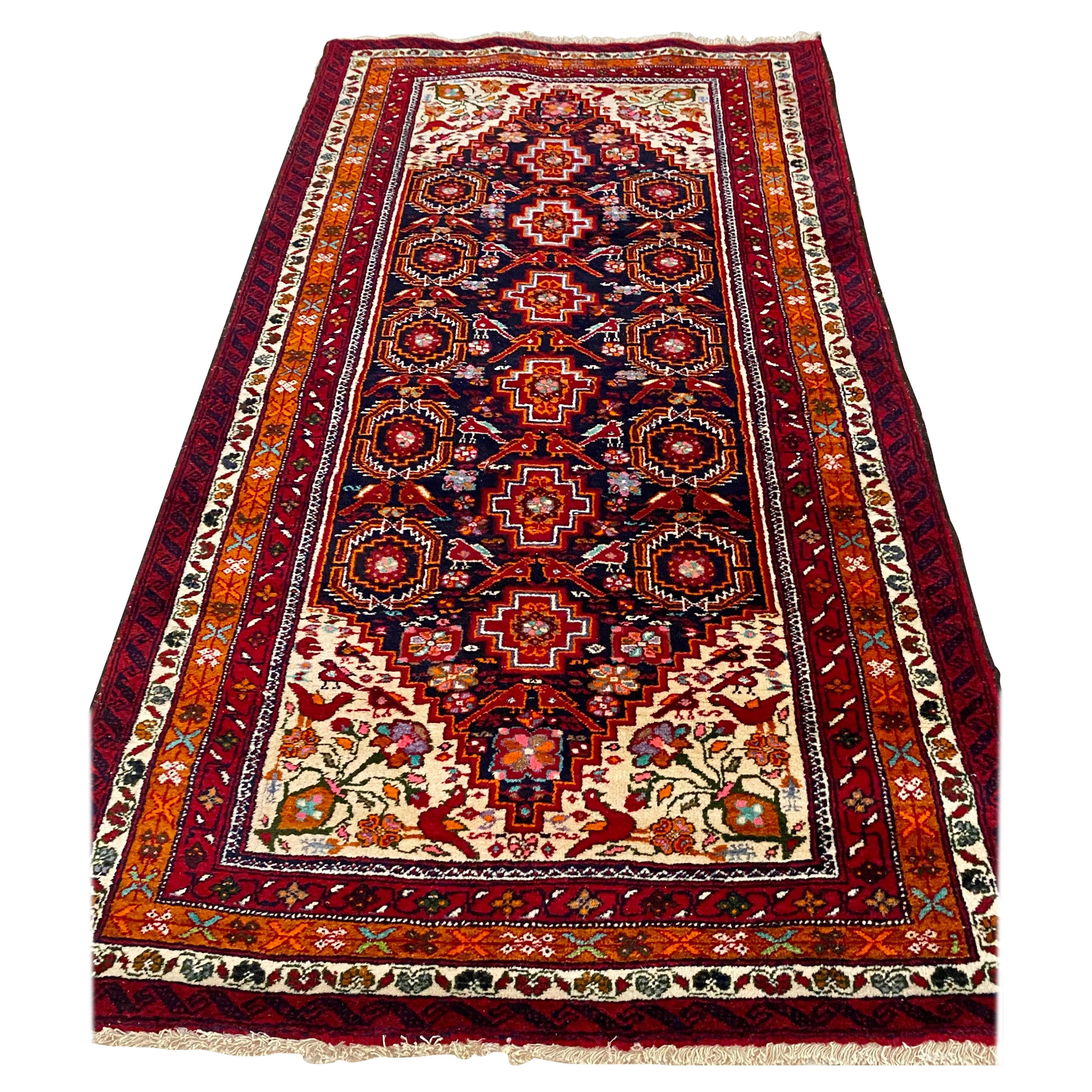 Petit tapis persan ancien Bakhtiari tribal rouge marine et bleu marine