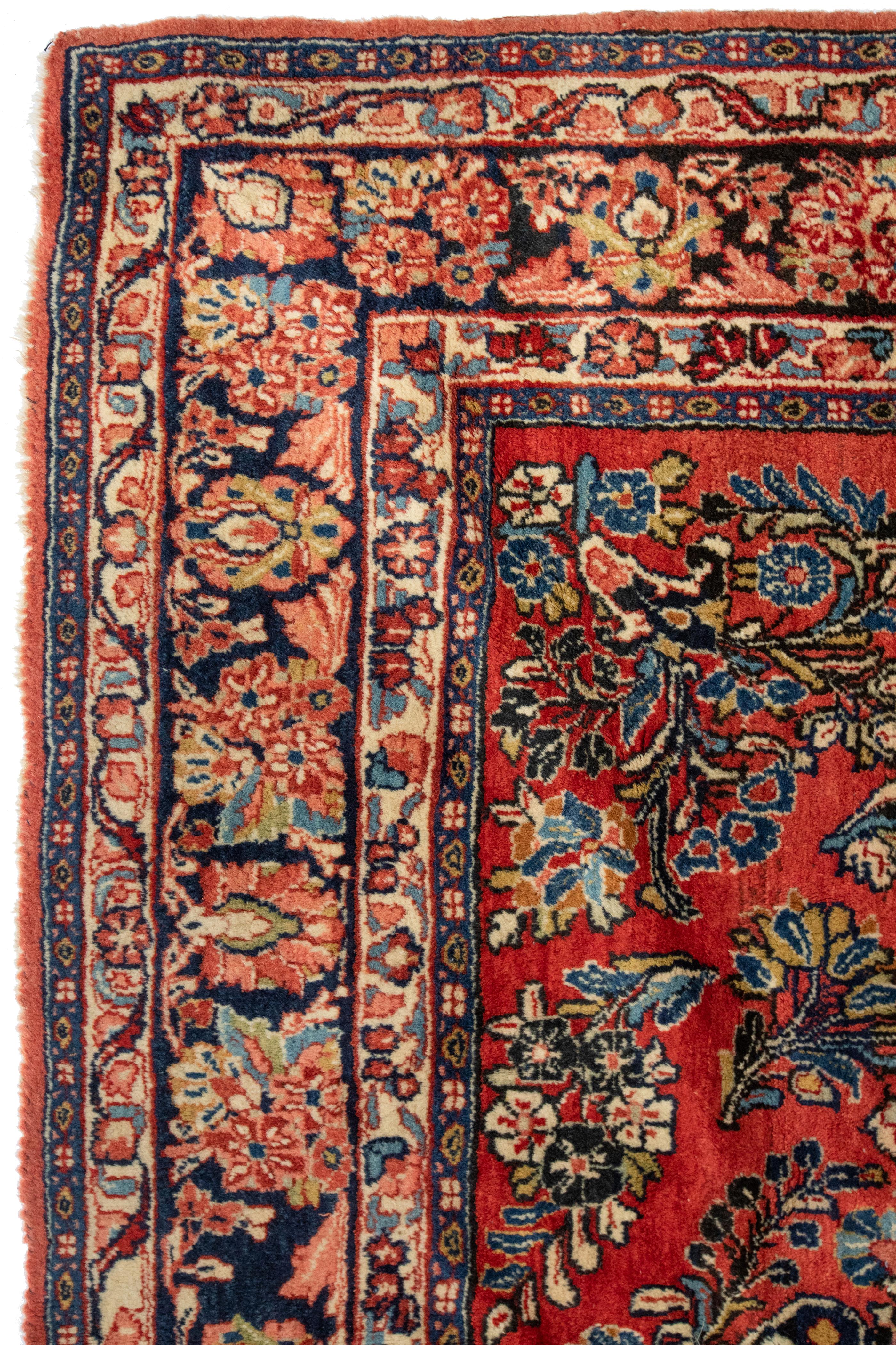 Sarouk is a small village and its neighboring villages in Northwestern Iran. Most Sarouk carpets follow a very distinctive design and is depended on floral sprays and bouquets. 

This is a fine example of an antique Sarouk carpet dating from the