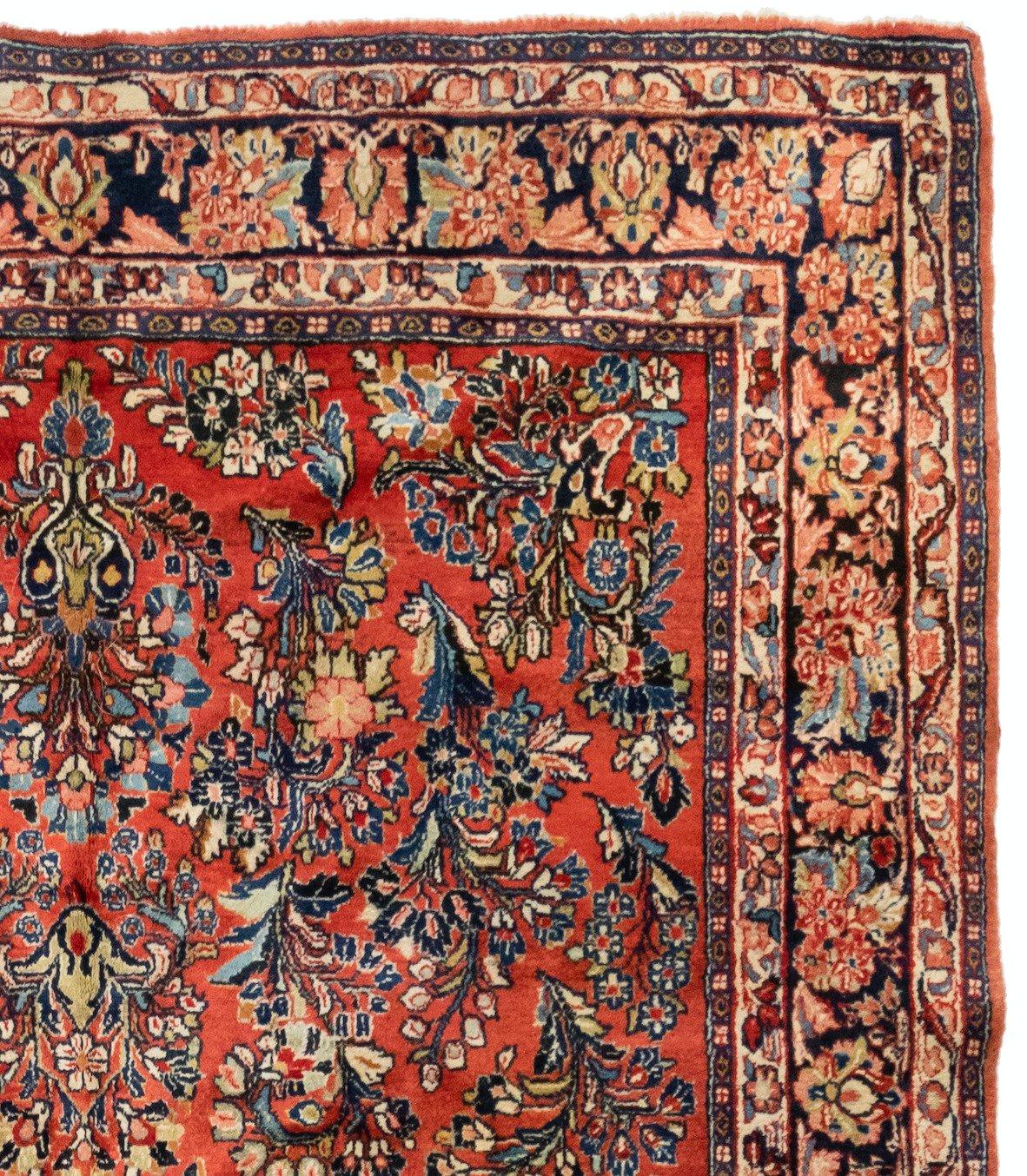 Sarouk Farahan Antique Red Gold Floral Persian Sarouk Room Size Vintage Area Rug circa 1920s For Sale