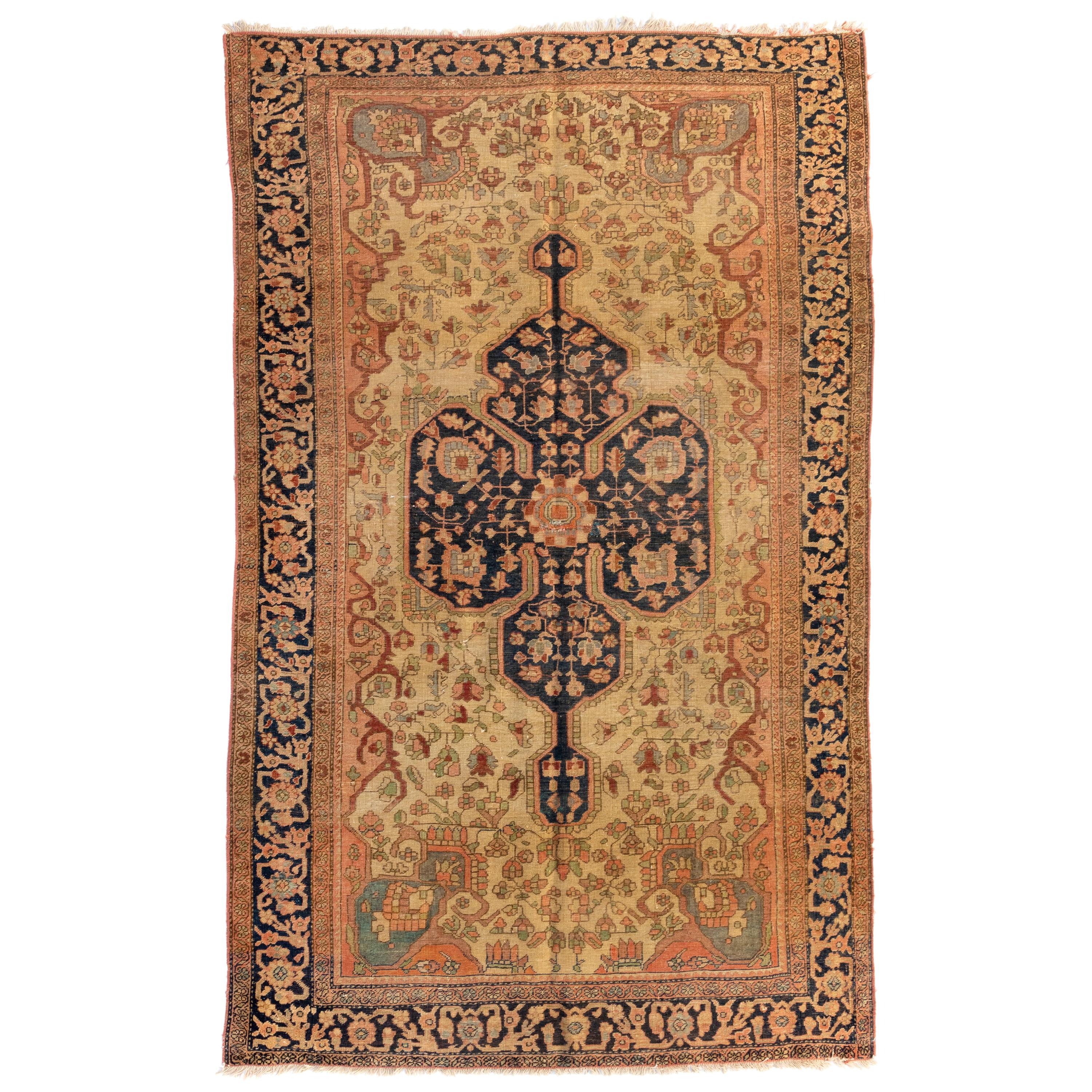 Ancien tapis persan Farahan Sarouk beige rose et bleu marine, vers 1880-1900