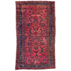 Antique Persian Rose Red and Navy Blue Hamedan Area Rug, circa 1920s