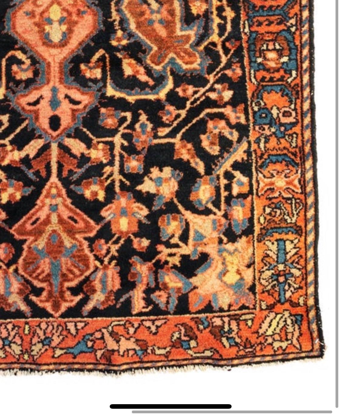 Hand-Knotted Antique Persian Rose Rust Ivory Navy Blue Hamedan Area Rug, circa 1920s For Sale