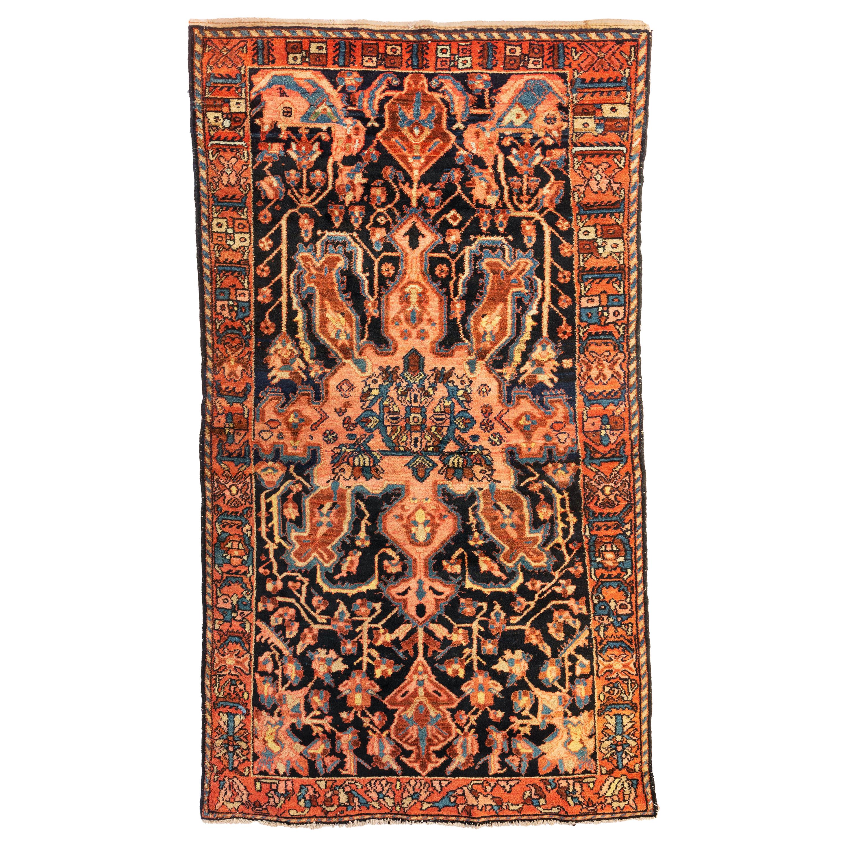 Antique Persian Rose Rust Ivory Navy Blue Hamedan Area Rug, circa 1920s For Sale